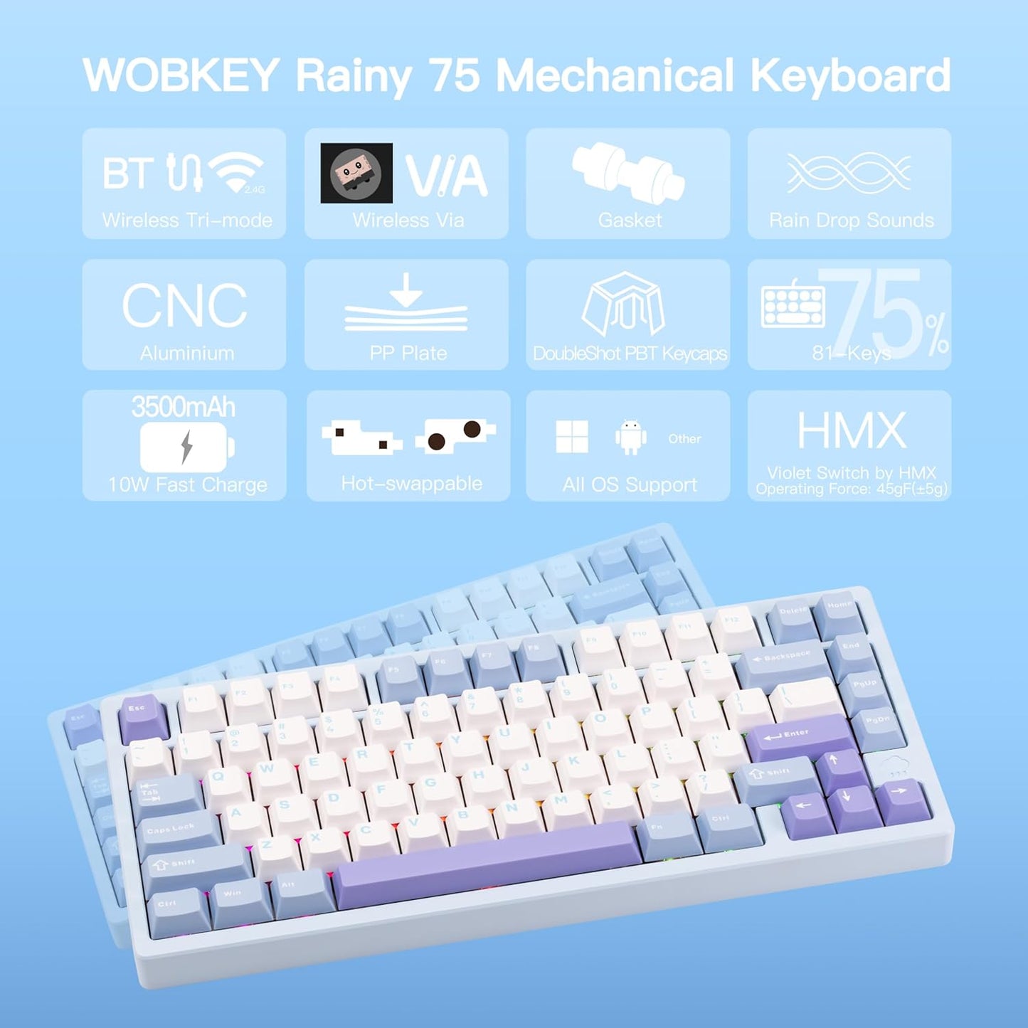 KEEBMONKEY WOBKEY Rainy 75 CNC Aluminum HMX/JWK/Cocoa Switches Triple-Mode Connectivity Mechanical Keyboard with Superior Acoustics, RGB/PP/Gradient Glass/3500mAh/Violet Switch (Standard - Blue)