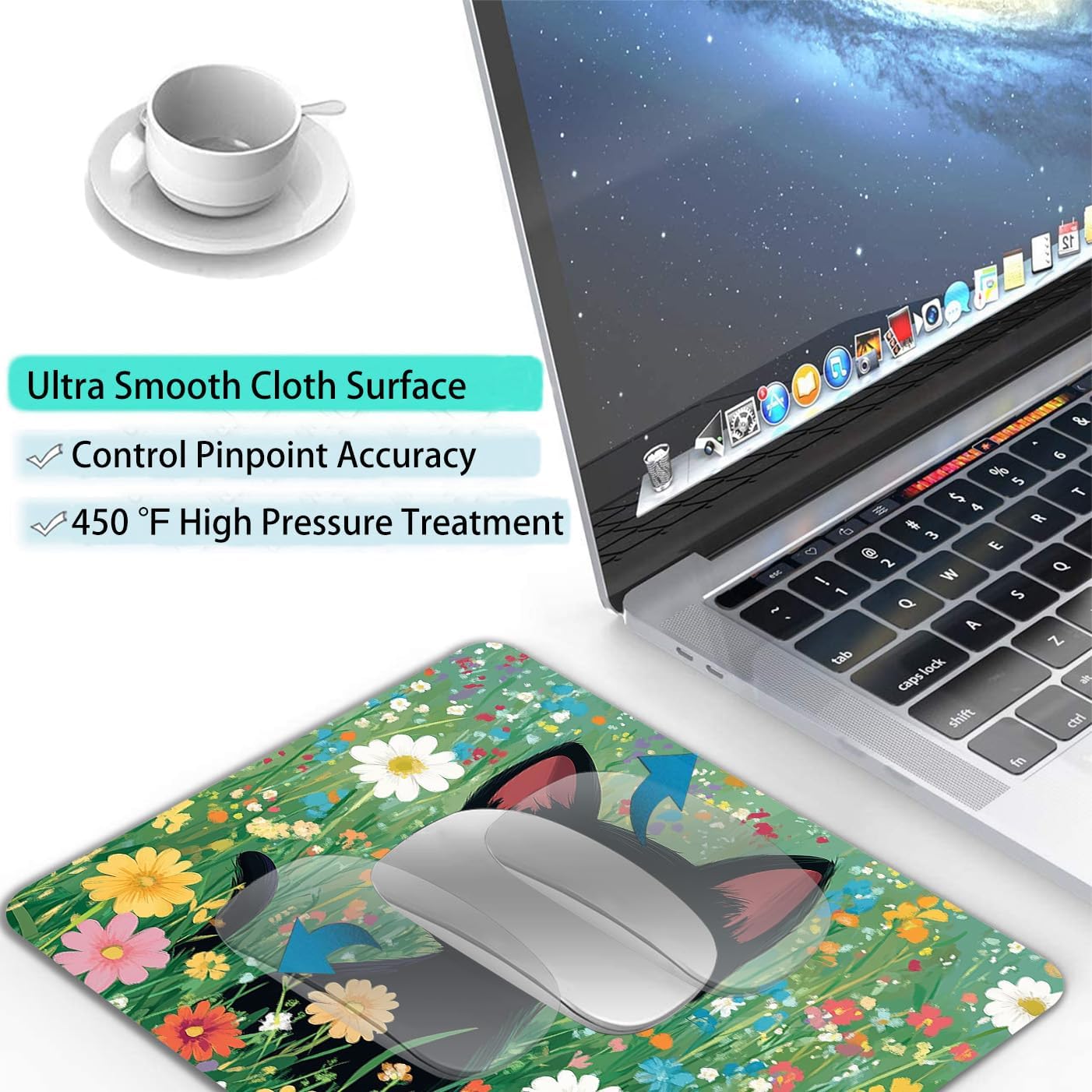 Cute Black Cat Floral Custom Mouse Pad with Non-Slip Rubber, Small Square Design for Wireless Laptop & Computer Mouse Pads for Desk, 9.5 x 7.9 inch Smooth Surface for Gaming & Office