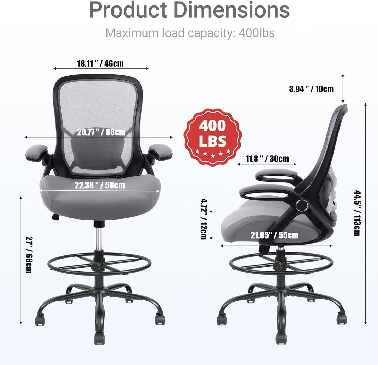 HYLONE 400lbs Heavy Duty Drafting Chair 5" Thickened Seat Office Chair with Flip-Up Armrests Tall Ergonomic Computer Chair with Lumbar Support and Adjustable Footrest Ring Standing Desk Chair(Grey)