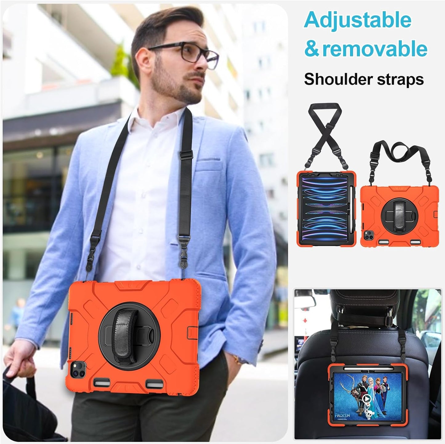 Case for iPad Pro 11 Inch 2022/2021/ 2020/2018: Silicone Cover for iPad 11 Inch 4th/ 3rd/ 2nd/ 1st/ Generation with Screen Protector- Stand- Handle- Shoulder Strap- Pencil Holder-Orange