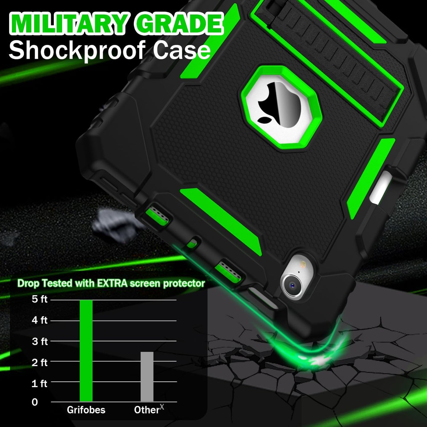 Grifobes Case for iPad mini 7 (A17 Pro) 2024 / Mini 6 2021 8.3 inch, Heavy Duty Shockproof Rugged Cover with Pencil Holder Stand, for I Pad Mini7th/6th Gen 8.3" Case for Kids Boys (Black+Green)