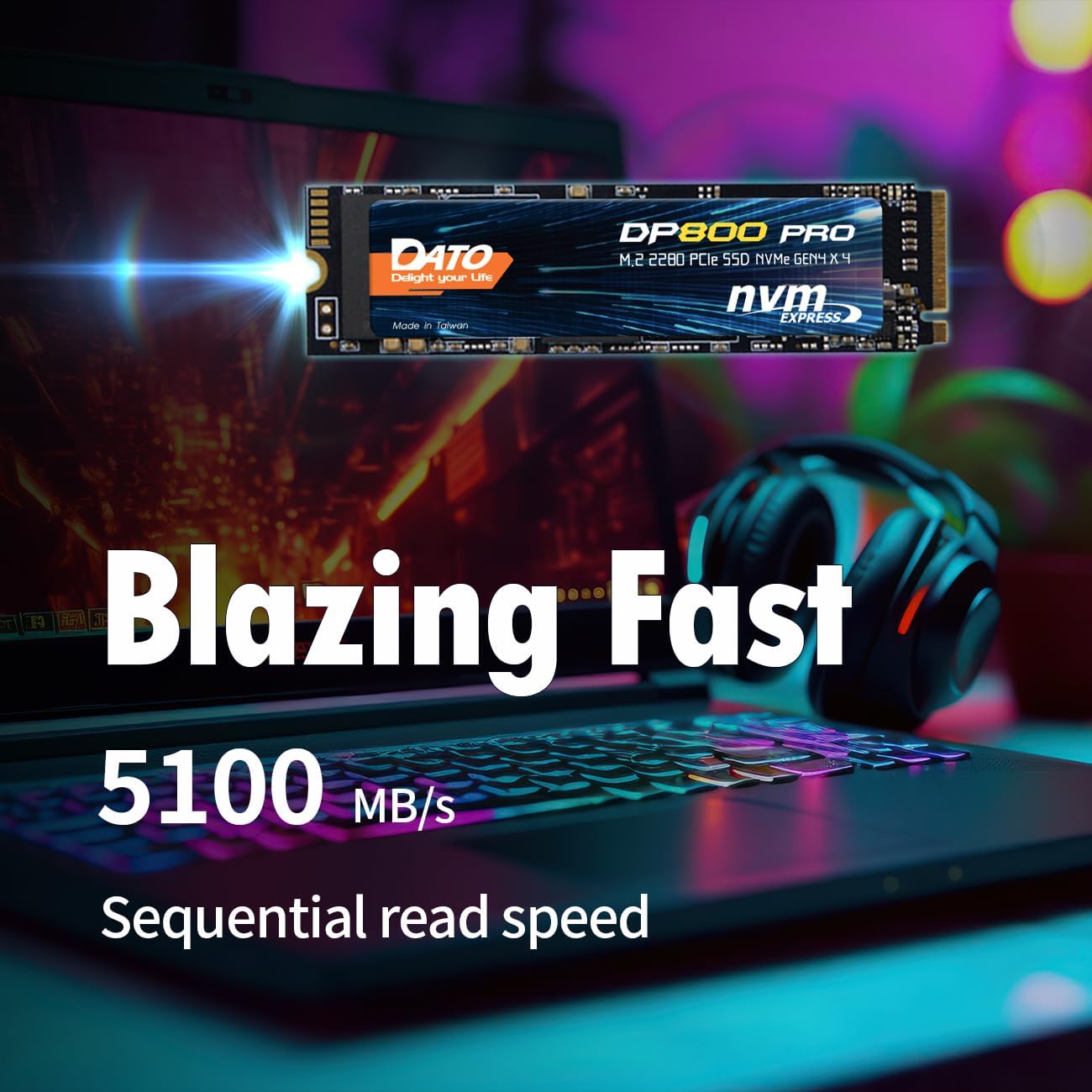 DATO M.2 2280 SSD 512GB, PCIe Gen4 x4 NVMe SSD Internal Solid State Drive for Gaming and Creators, Compatible with Desktop and Laptop, Up to 5100/4600 MB/s - DP800 Pro