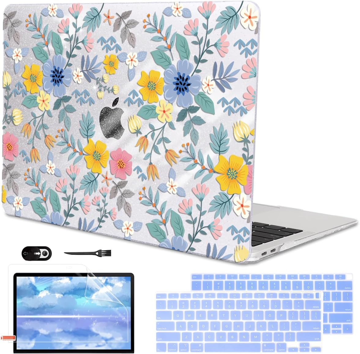 Compatible with MacBook Air 13 Inch M1 Case 2021 2020 2019 2018 Release A2337 A2179 A1932 Touch ID, Shiny Crystal Pattern Plastic Hard Shell Case Keyboard Cover Screen Film, Flowers L213