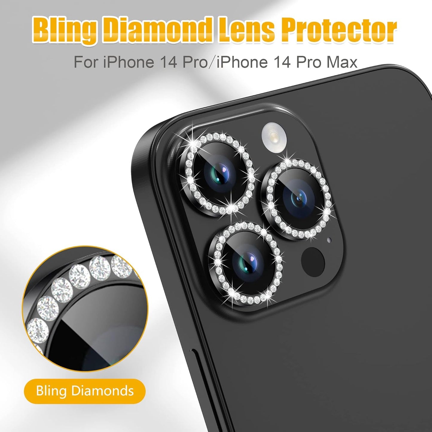 AGVEE 3+3 6 Pack for iPhone 14 Pro 6.1" / 14 Pro Max 6.7" Camera Lens Protector, Bling Diamond & Bling Glitter Metal Ring 9H Tempered HD Glass Camera Protector Cover Film, Bling-Black