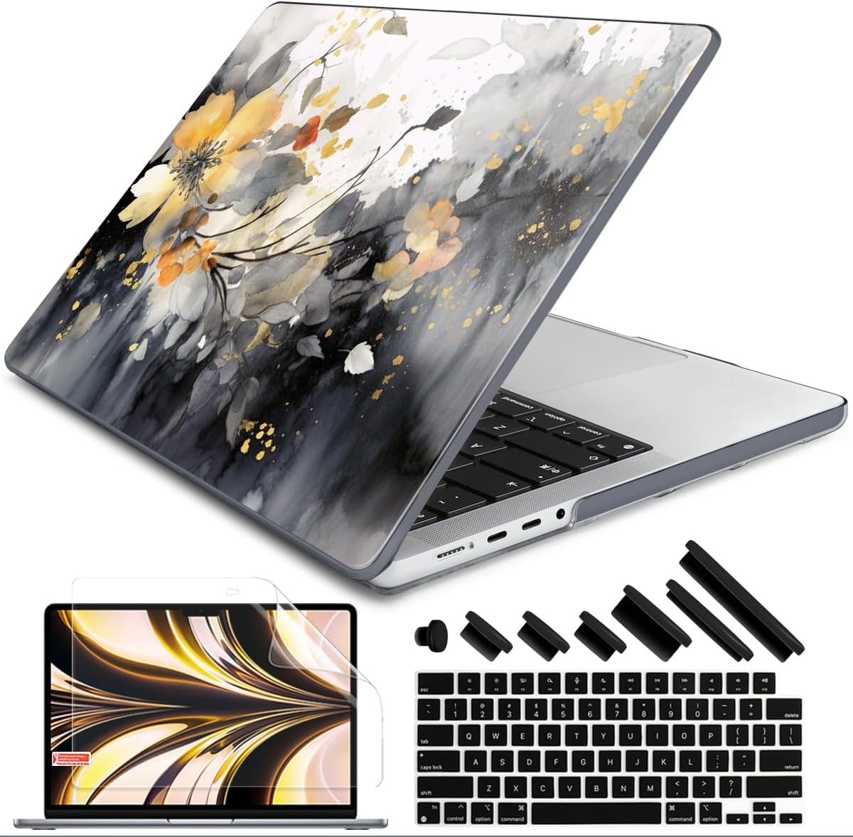 DONGKE for M4 MacBook Pro 16 Inch Case 2024 2023 2021 A3403 A3186 M3 A2991 M2 A2780 M1 A2485 Pro/Max Chip, Plastic Hard Shell Case & Keyboard Cover for Mac Pro 16 with Touch ID, Ink Flower