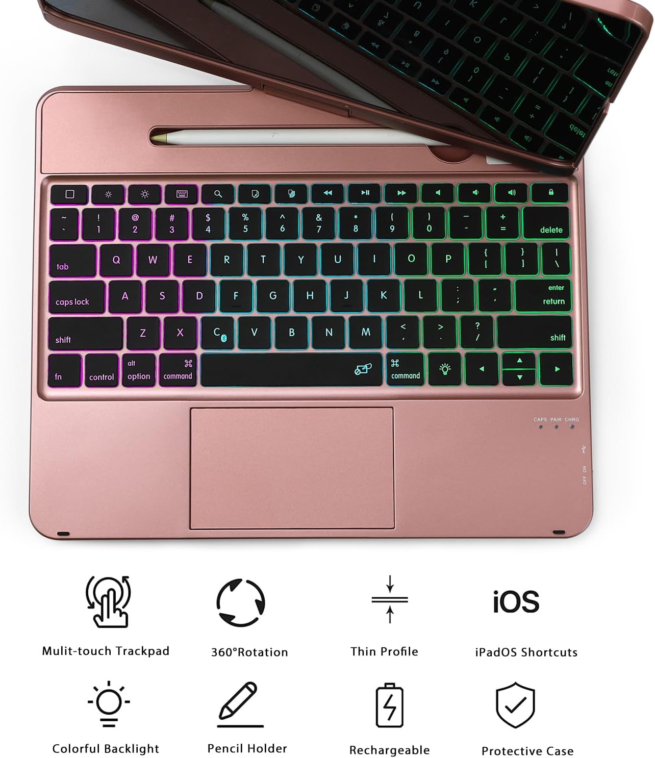 Keyboard Case for iPad Pro 12.9 inch 6th Generation 2022 5th 2021/4th 2020/3rd 2018 Gen,360 Rotatable Wireless Folio 180 Swivel Stand Hard Cover Rose Gold