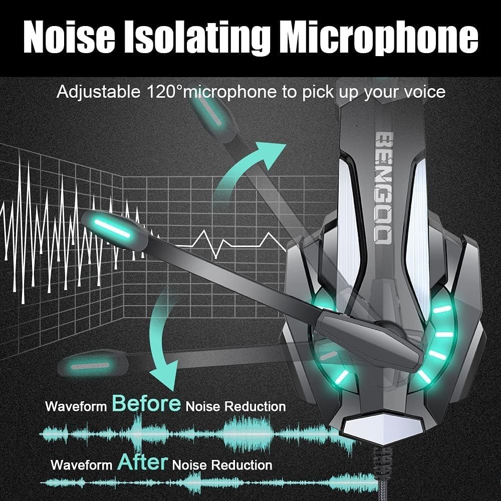 BENGOO G9000 Stereo Gaming Headset for PS4 PC Xbox One PS5 Controller, Noise Cancelling Over Ear Headphones with Mic, LED Light, Bass Surround, Soft Memory Earmuffs for Laptop Mac - Black