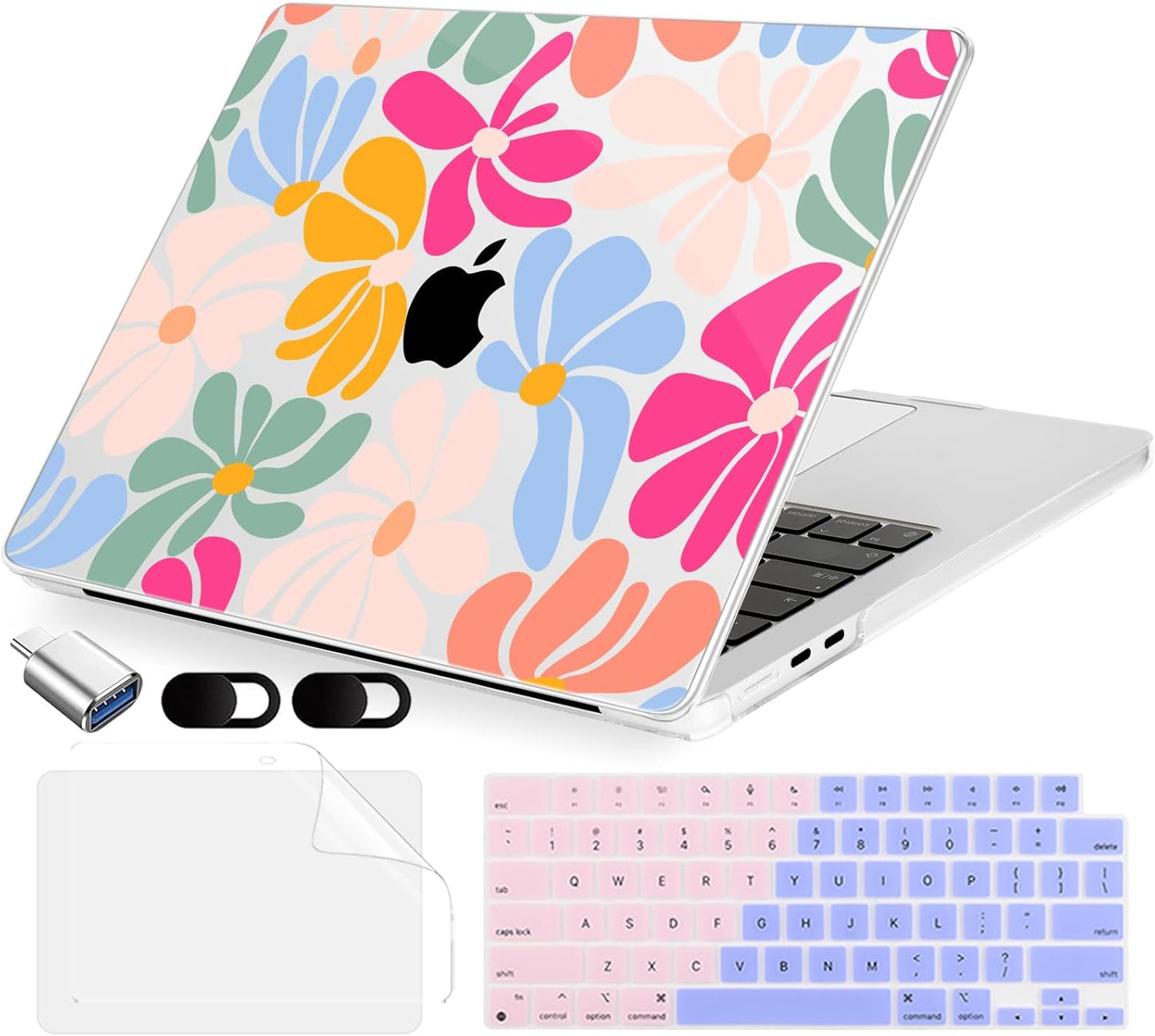 Compatible with MacBook Air 13.6 inch Case, M4 A3240/M3 A3113/M2 A2681 (Released 2025 to 2022), Hard Shell, Keyboard Cover, Screen Protector, Webcam Cover & Type-C Adapter, ColorfulFlowers