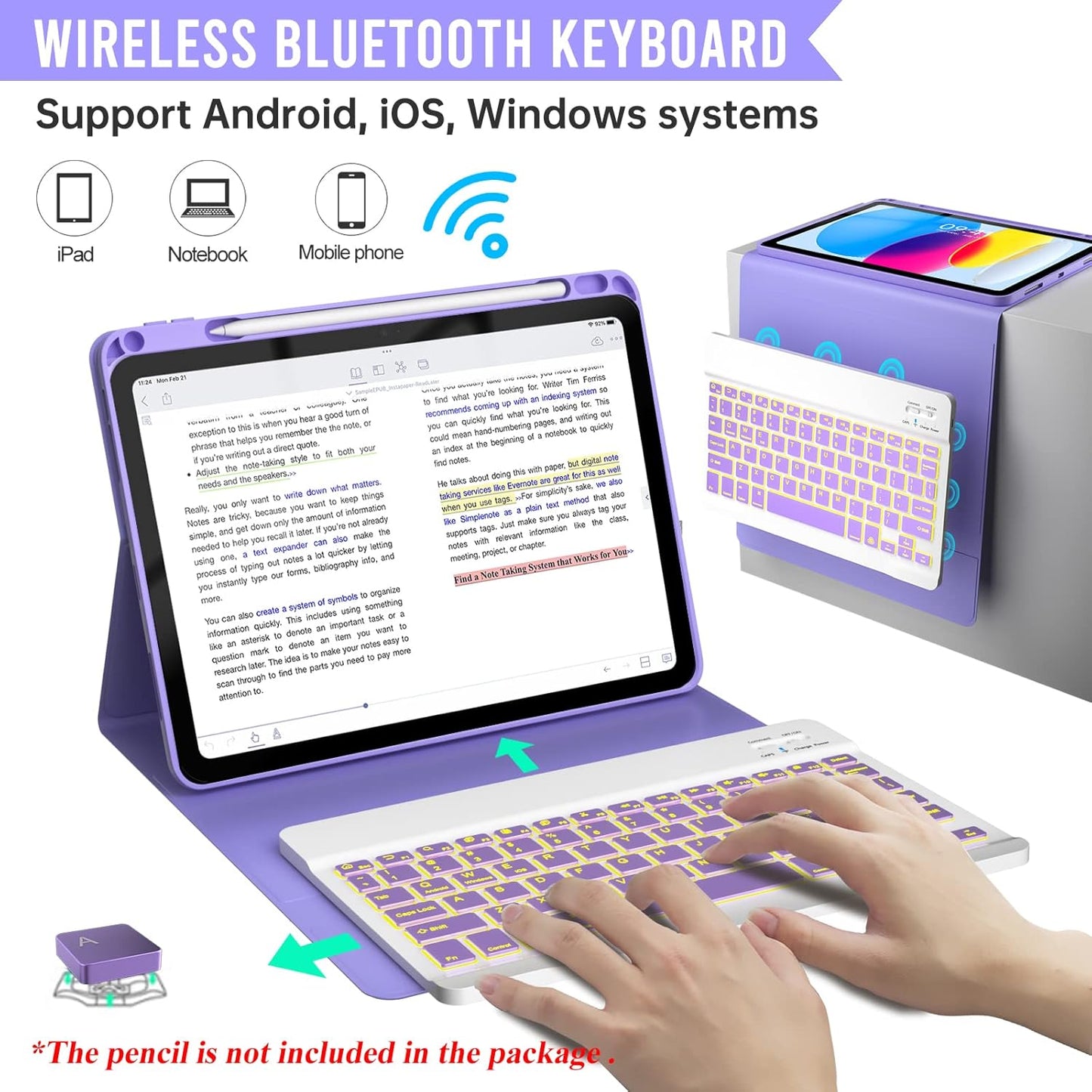 BLUTLOTUS 360 Rotatable Keyboard Case for iPad 11th (A16) 10th with Pencil Holder, 7 Color Backlit Detachable Bluetooth, Smart Folio Tablet Cover ((Purple)