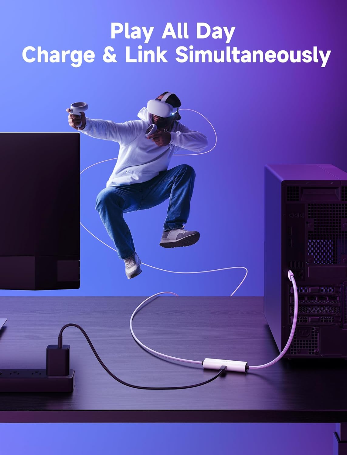 JSAUX Link Cable with 18W Charging 16ft, Compatible with Oculus Meta Quest 3S/ 3/ 2/ Pro and Pico 4, PC VR, Steam VR Accessories, 2-in-1 High Speed 5Gbs USB3.0 to USB C Data Cord for VR Headset