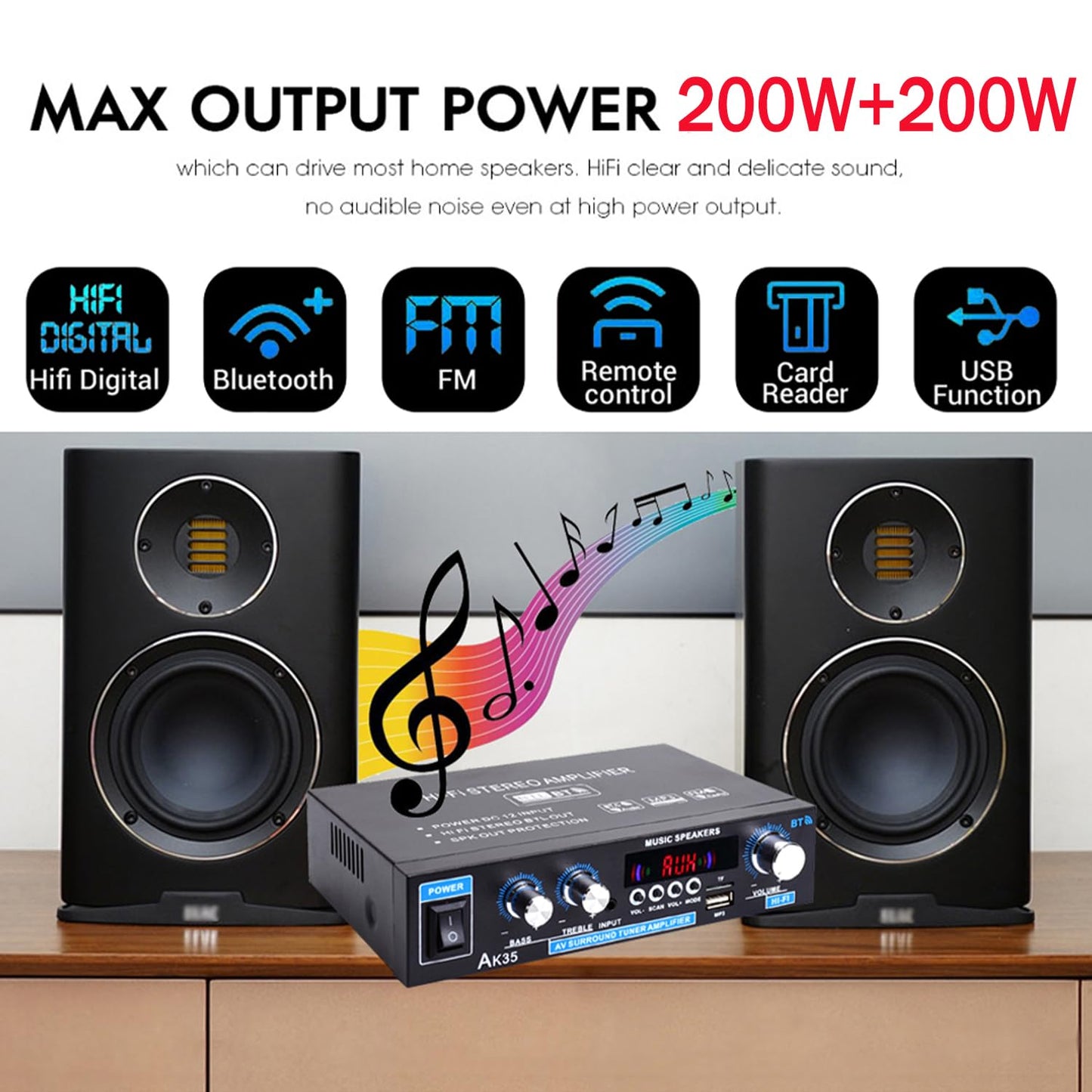 AK35 Stereo Amplifier Home Audio Bluetooth 5.0 Max 200W 2.0 Channel Mini Amplifier Stereo Receivers for Car, Home Party, Audio Amplifier AMP w/USB/TF Card/AUX Input/Bass & Treble Control