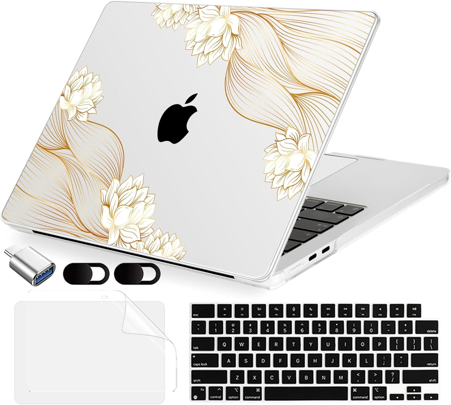 Compatible with MacBook Air 15 inch Case, M4 A3241/M3 A3114/M2 A2941 (Released 2025 to 2023), Hard Shell, Keyboard Cover, Screen Protector, Webcam Cover & Type-C Adapter, Gold Lace Flower
