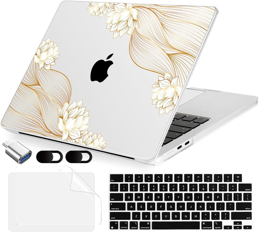 Compatible with MacBook Air 15 inch Case, M4 A3241/M3 A3114/M2 A2941 (Released 2025 to 2023), Hard Shell, Keyboard Cover, Screen Protector, Webcam Cover & Type-C Adapter, Gold Lace Flower