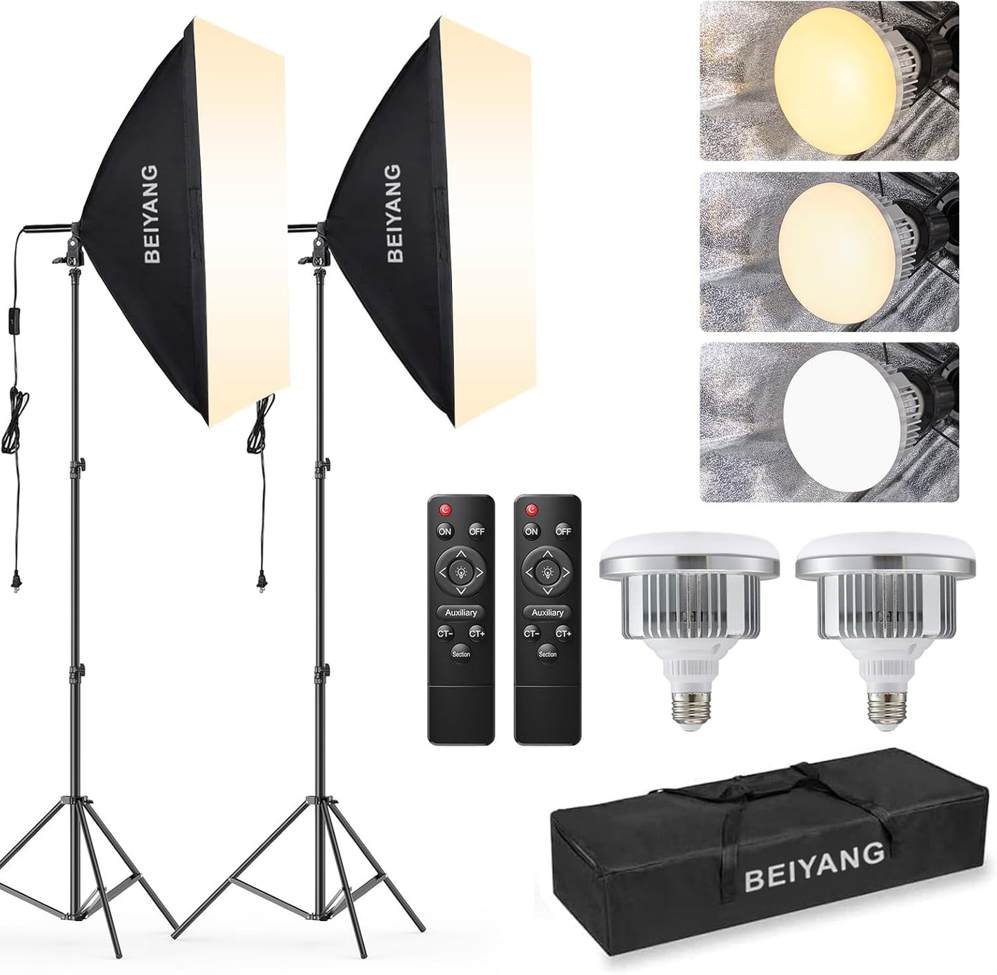 BEIYANG Softbox Lighting Kit, 2x20''x28'' Photography Soft Box with 2 pcs 85W 6000K E27 LED Socket LED Bulbs, Studio Lights for Photography/Video Recording/Live Streaming