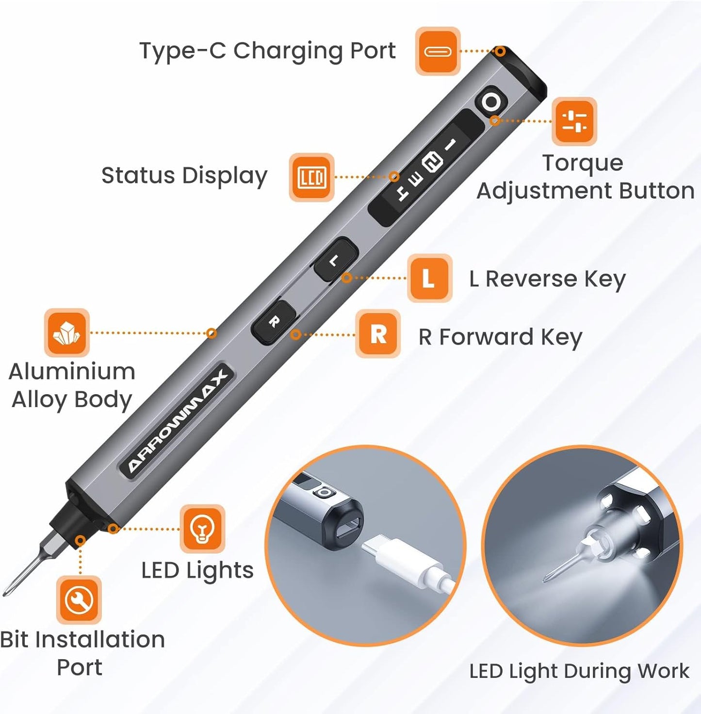 AM ARROWMAX Mini Electric Screwdriver, 4 Torque Settings Precision Screwdriver w/ 34 Magnetic Bits, Magnetic Storage, 5/32''Hex, Repair Tool Set for Phone Camera Laptop Watch (SES) Gray