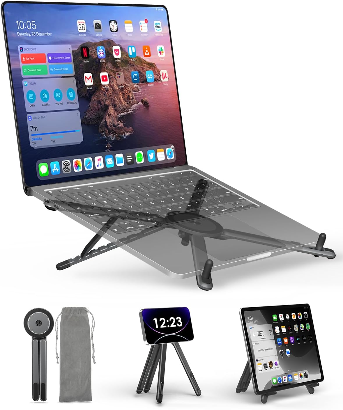 Viozon Portable Laptop Stand for Desk & Travel, Magnetic Phone Holder Tripod, Compatible with 10–16" Laptops and 4–13" Phones/Tablets, Compact Foldable Aluminum Alloy, 8-Level Height Adjustment