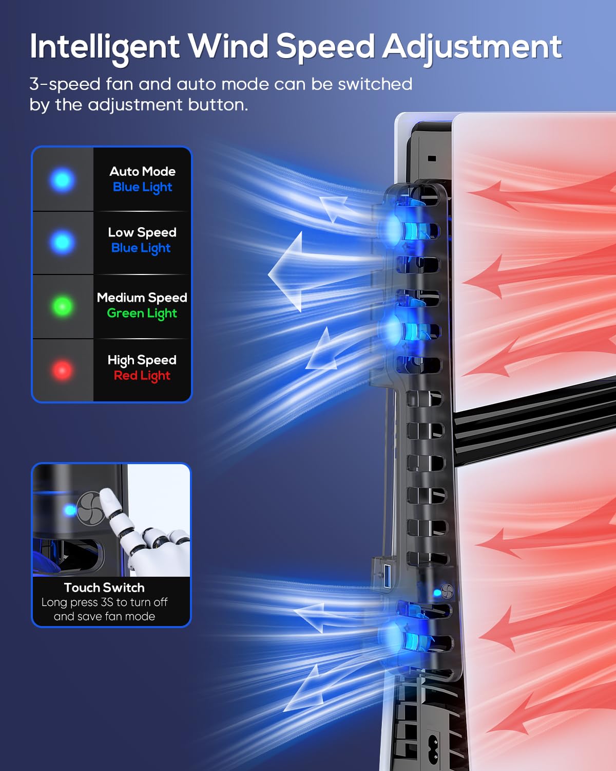 Auto Cooling Fan for PS5 Pro/Slim, USB 3.0 Port, Adjustable 3 Speed, with LED Light, Memory Function, Quiet and Efficient Cooling System for PS5 Pro/Slim Cooling Fan