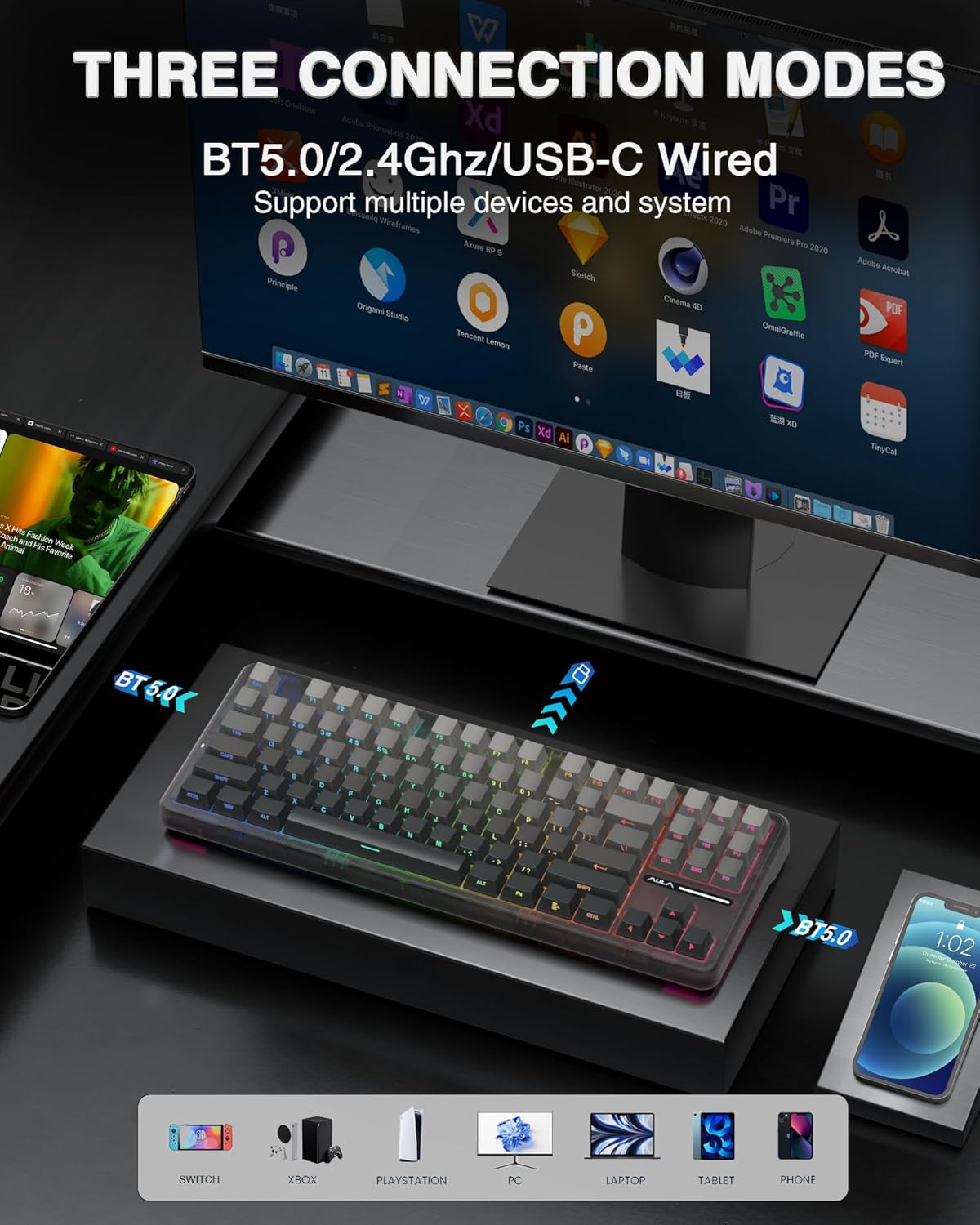 AULA F87 Pro Wireless Mechanical Keyboard,Tri-Mode BT5.0/2.4GHz/USB-C Hot Swappable Custom Keyboard,Pre-lubed Switches,Side Printed PBT Keycaps,75% TKL RGB Backlit Gaming Keyboards