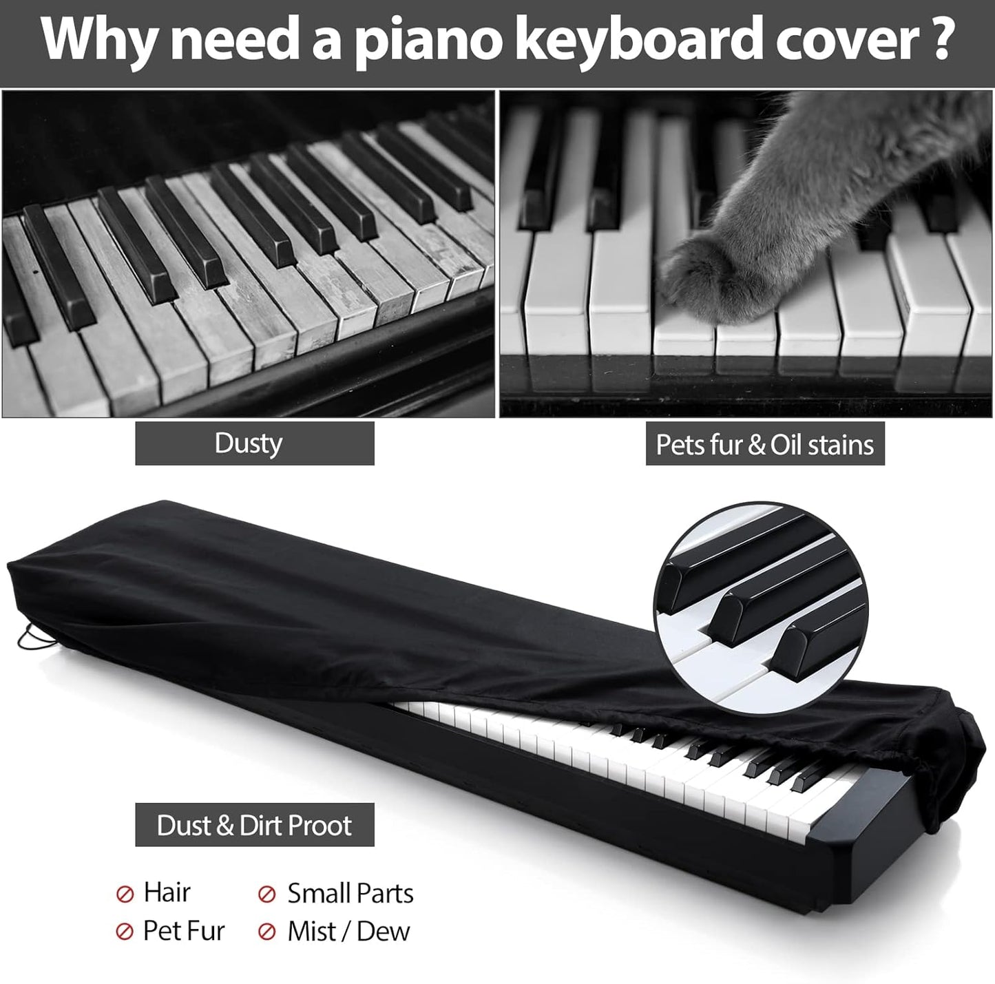 61 Keys Piano Keyboard Dust Cover, Adjustable Electric Piano Keyboard Covers for Digital Electric Pianos, Full Cover Elastic Lock Music keyboard Protector Cover - Black