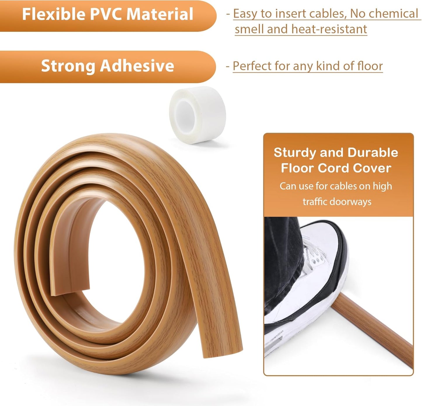 Floor Cord Cover 10ft, Cord Hider Floor Yellow Oak Wood, Floor Cable Management Prevent Cable Trips, Floor Cable Cover Wire Covers for Power Cords, Cord Protector Cord Cavity W0.47in H0.28in