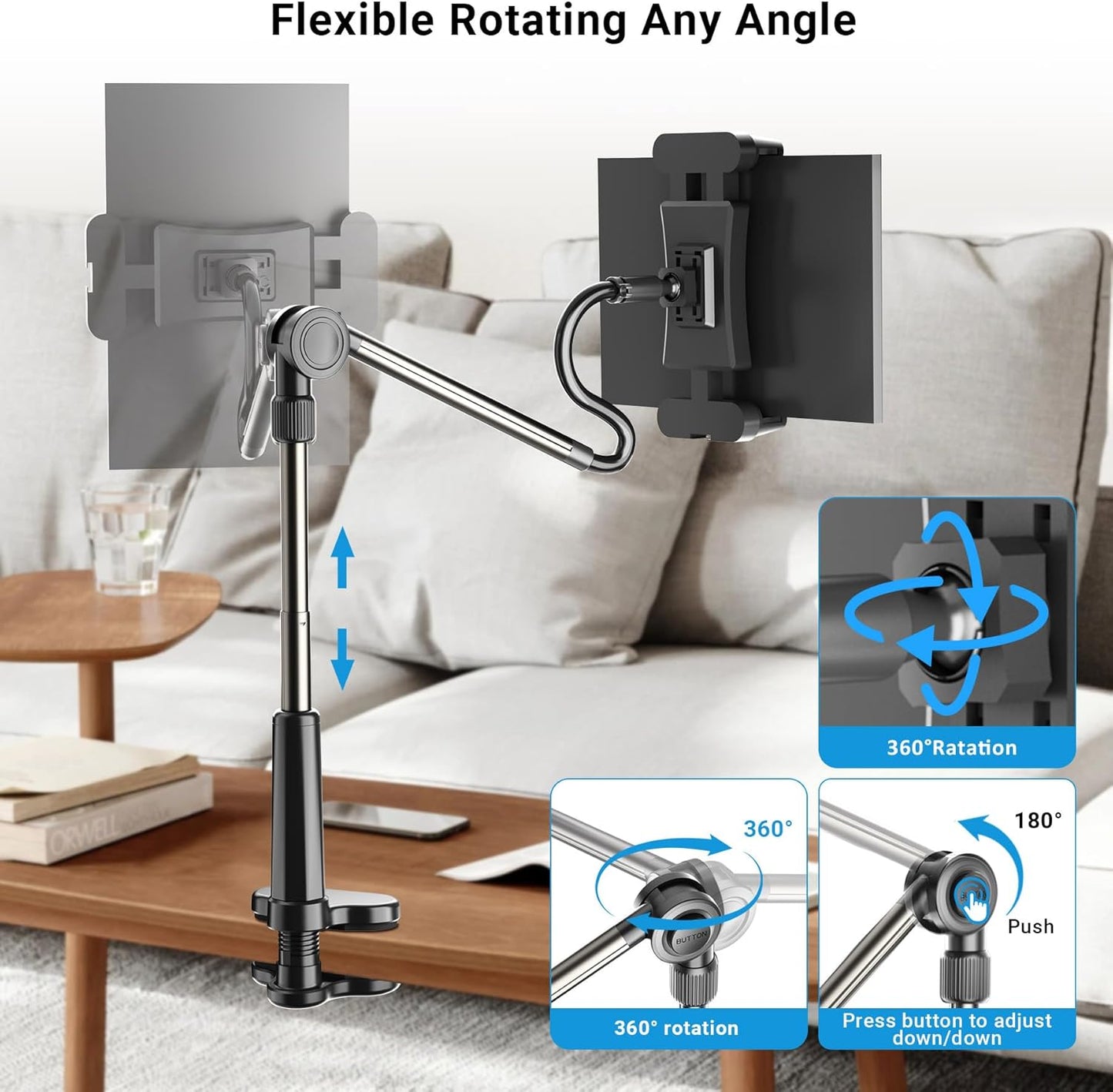 Foldable Desk Tablet Mount for iPad Portable Monitor 4.7-15.6'', Long Gooseneck Tablet Arm Holder, Table Tripod with Clamp Compatible with Surface Pro, All iPad Pro 12.9