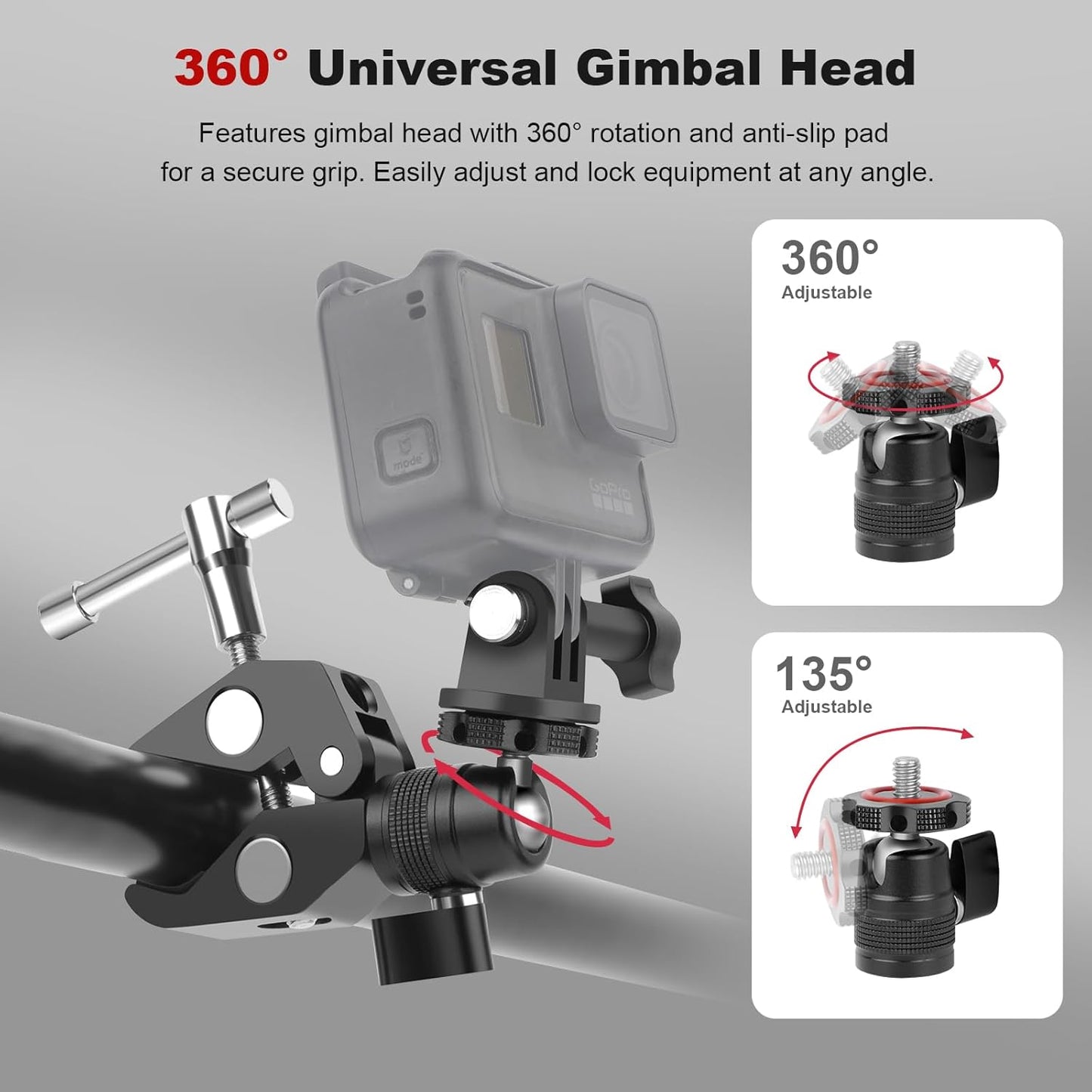 Super Clamp Camera Mount with 360° Mini Ball Head, Aluminum Desk Tube Crab Clamp for Monitor/Light/Mic, Bike/Motorcycle Handlebar Mount for Go Pro/Insta360/DJI Action Camera (SY012)