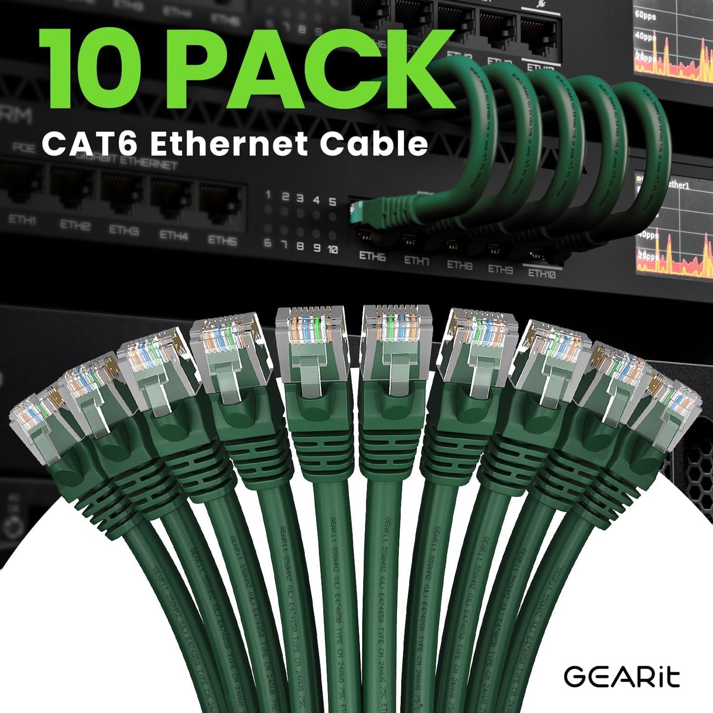 GearIT Cat 6 Ethernet Cable (10-Pack 6 Feet) Cat6 Network Patch, 10Gbps, RJ45, Snagless Cord, Gold-Plated Connectors, Internet for PC, TV, Tablet, Router, Printer, Servers, IT Data Center - Green