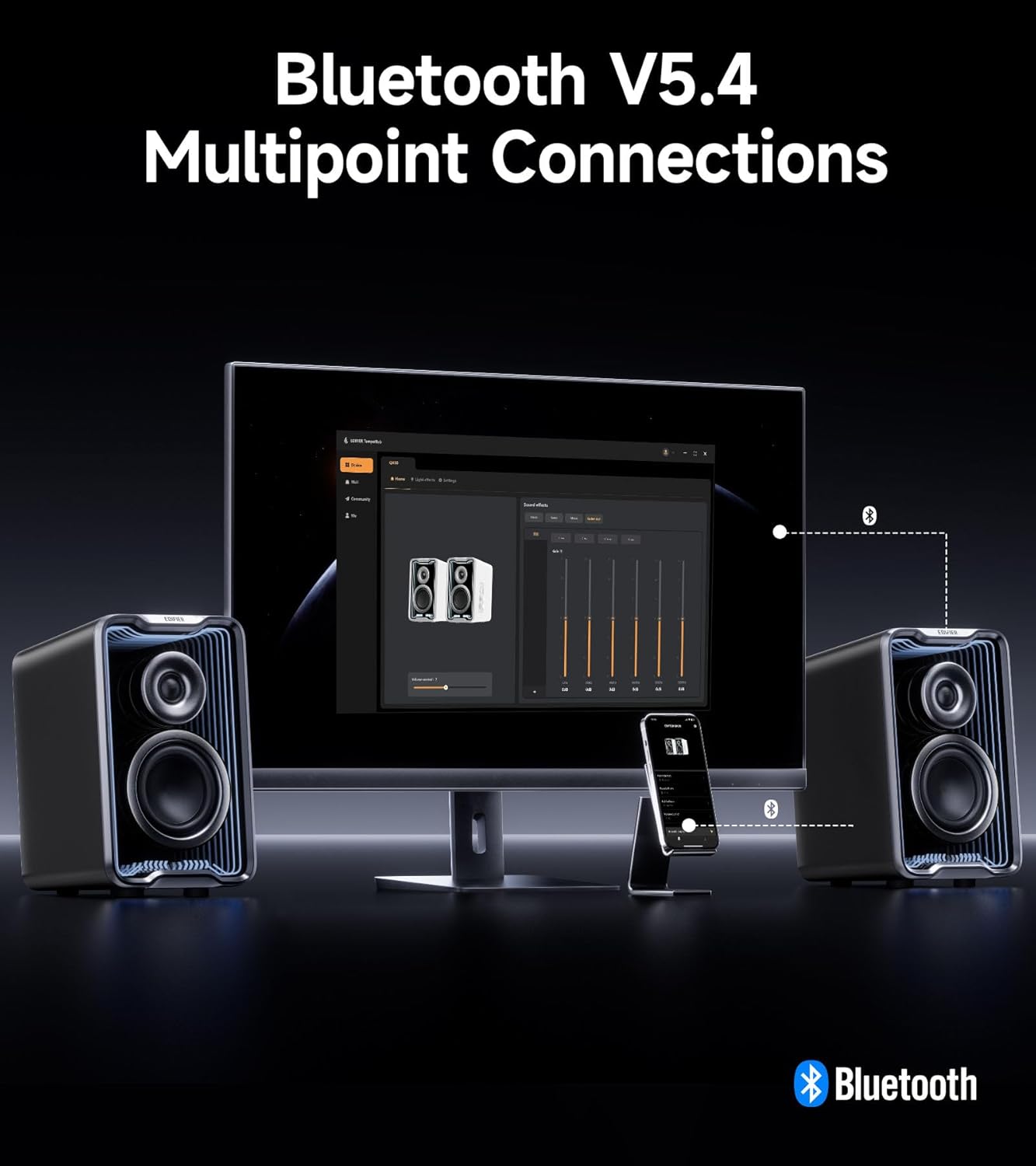 Edifier QR30 2.0 Desktop Active Speaker, Compact Bluetooth V5.4 Computer Speakers, Wireless Bookshelf Speaker, 30W (RMS), 3.5mm AUX & USB-A Wired Input, Dynamic Light Effects, App Control, Black