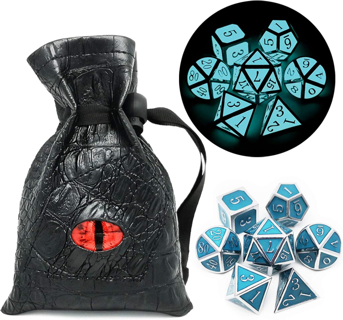 Haxtec Glow in The Dark Metal Dice Set D&D Glowing Blue Silver W/Dragon Dice Bag 7 Die D&D Dice Set Compatible with Dungeons and Dragons RPG