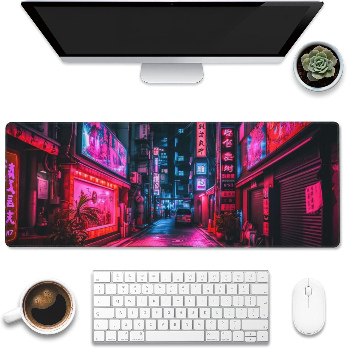 Desk Mat,Japanese Anime Neon Street Desk Pad,Anime City Large Gaming Mouse Pad for Desk,Extended Big Computer Keyboard Mouse Pad with Non-Slip Base and Stitched Edge,31.5"x11.8"