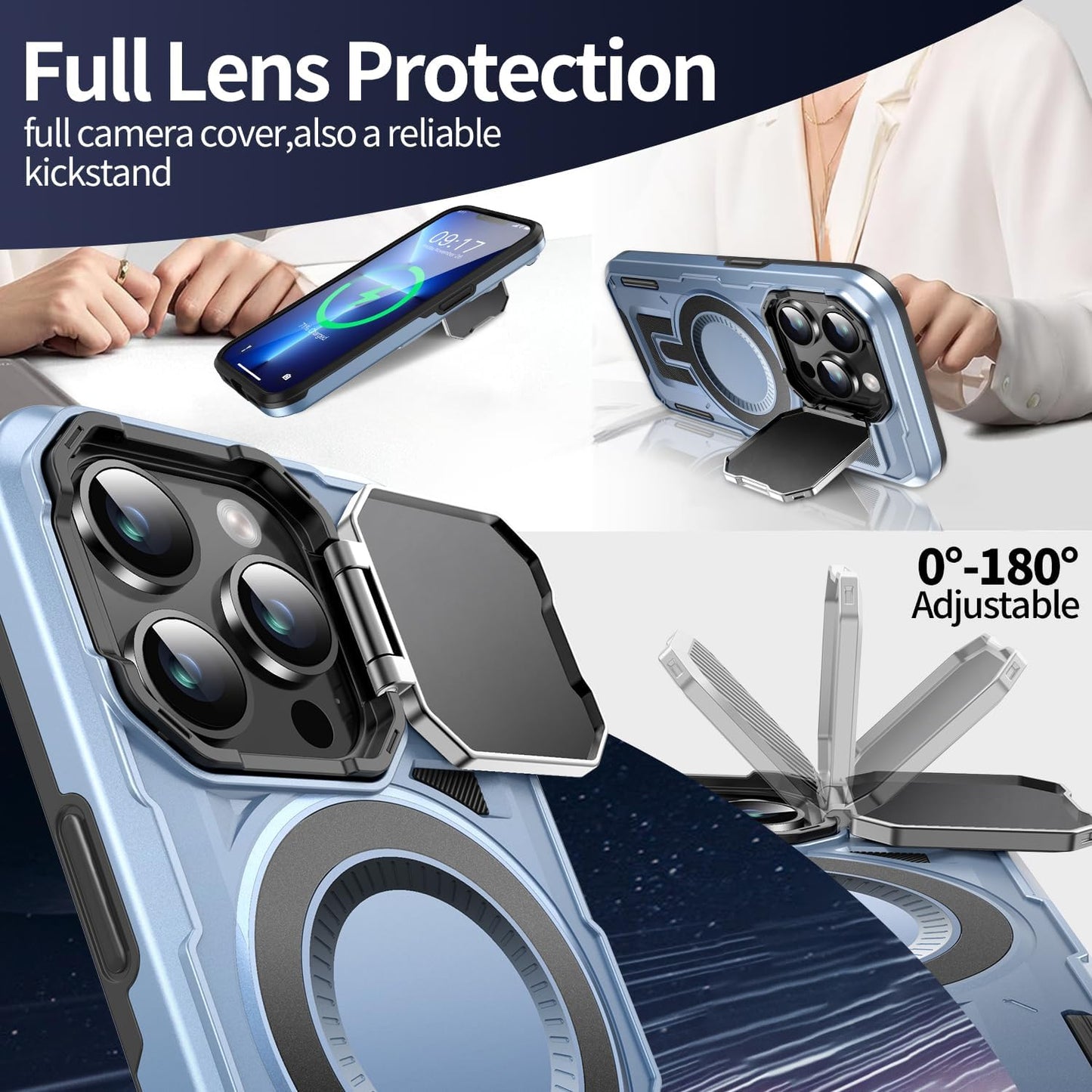 Camera Stand Case for iPhone 13 Pro, [Compatible with MagSafe] [Lens Cover] 2024 Version Military Grade Protective Soft Case for iPhone 13 Pro 6.1 inch Men Women, Blue