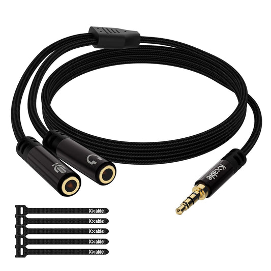1/8inch Aux Headphone Splitter 2 Way Cable 1FT, 3.5mm 1 Male to 2 Female Mic and Audio Y TRRS Adapter, Compatible with Headset Earphone Switch 2/PS4/PS5 Steam Deck Xbox PC Laptop Phone Tablet Gaming