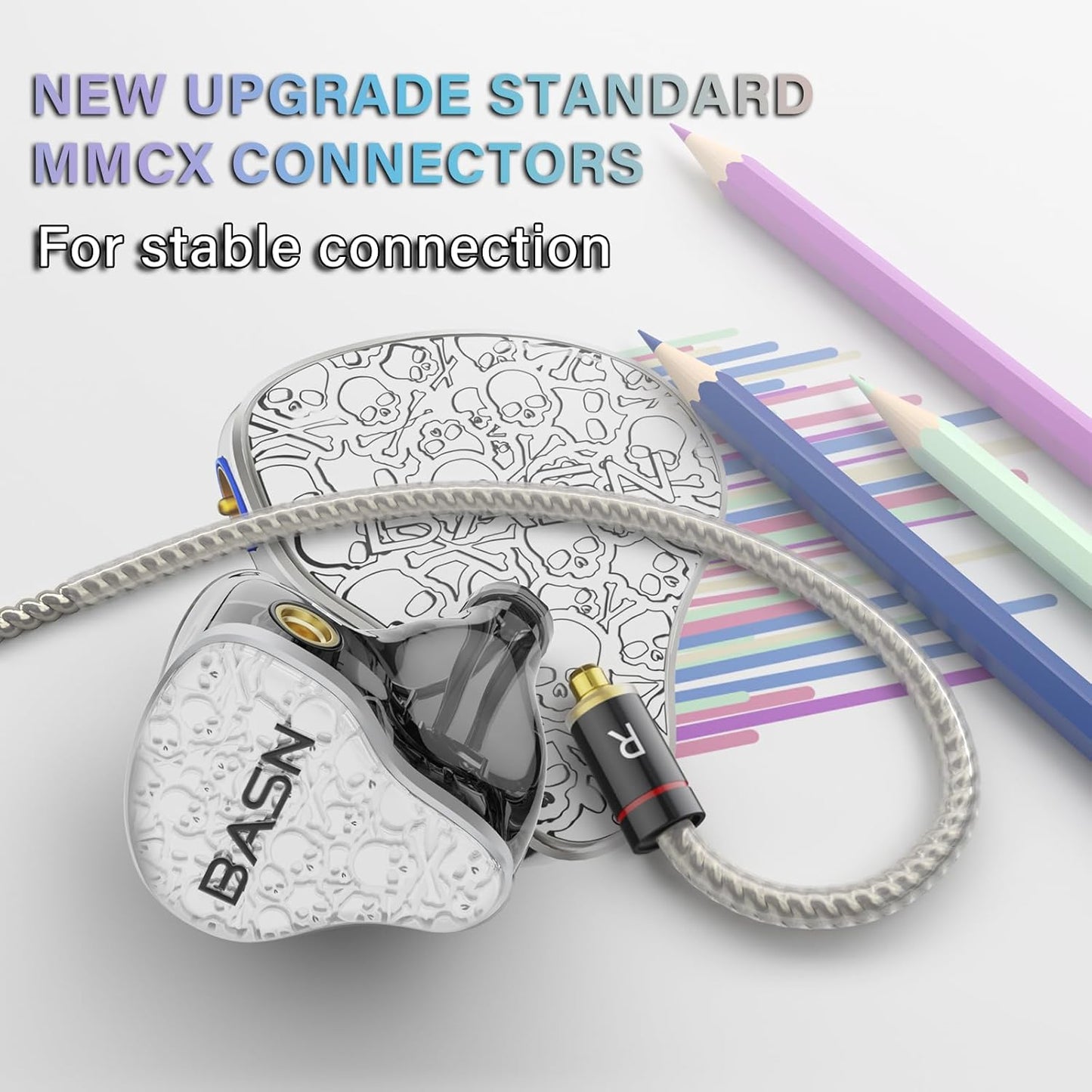 BASN Bmaster5 in Ear Monitors, 5 Drivers Drummer Headphones with Powerful Bass, Noise Isolation IEM Earbuds with Detachable MMCX Sliver-Plated OFC Cable for Musicians (Glacier White, MMCX)