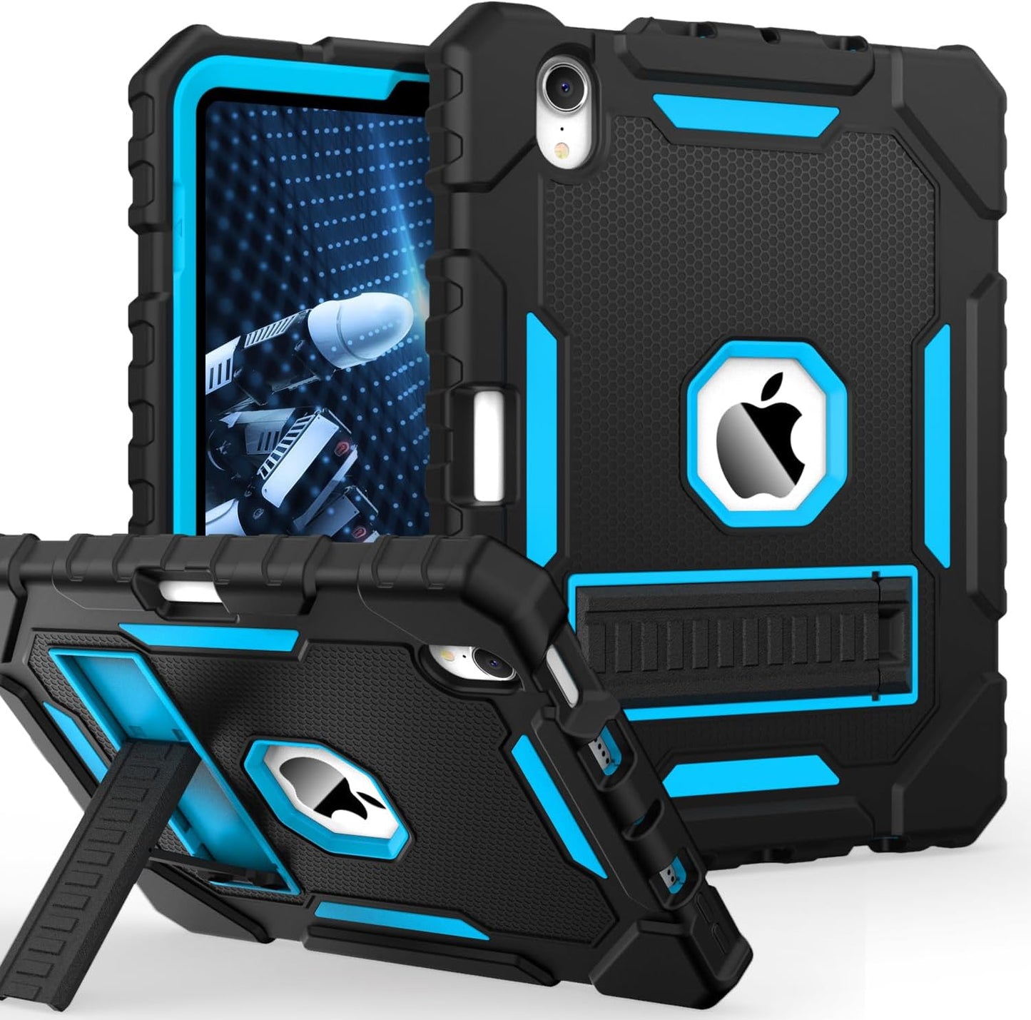 Grifobes Case for iPad Mini 7 (A17 Pro) 2024 / Mini 6 2021 8.3 inch, Heavy Duty Shockproof Rugged Cover with Pencil Holder Stand, for I Pad Mini 7th/6th Gen 8.3" Case for Kids Boys (Black+Blue)