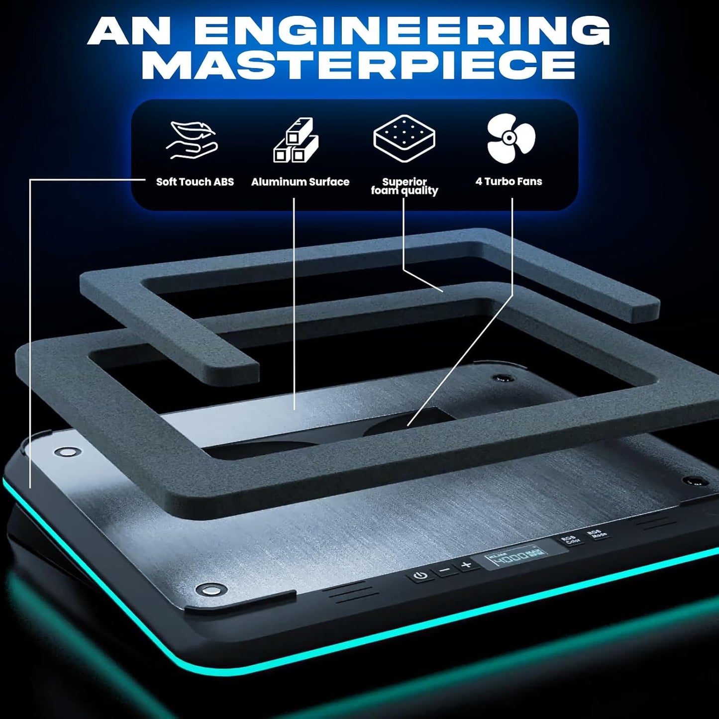 KLIM Turbofrost - Gaming Laptop Cooling Pad - 4 Powerful Turbo Fans - 4 x 4000 RPM, Laptop Cooler 2 Power Modes USB-C/DC, Dynamic RGB, 4-Ports USB, Sealed Foam for Fast Cooling for Laptops up to 17in