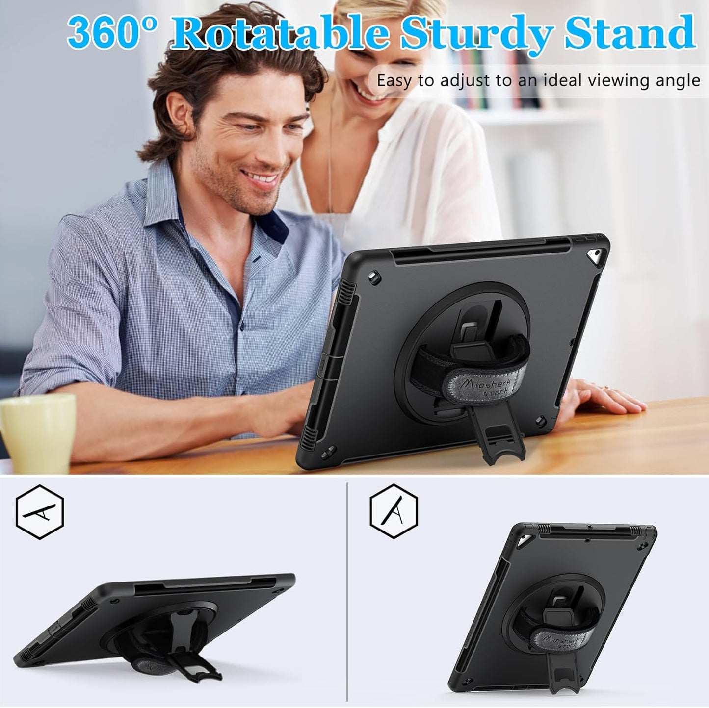 Case for iPad Pro 12.9 2nd Generation 2017 & 2015 1st Generation, Heavy Duty Rugged TPU Protective Cover with Screen Protector- Stand + Handle Hand & Shoulder Strap + Pencil Holder- Black