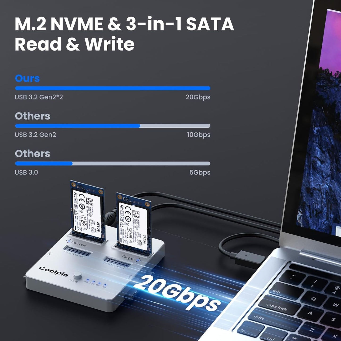 CR311 3-in-1 SSD Cloner, USB3.2 Gen2*2 M.2 Reader, Supports M.2 NVMe/SATA, SATA 2.5''/3.5'' HDD