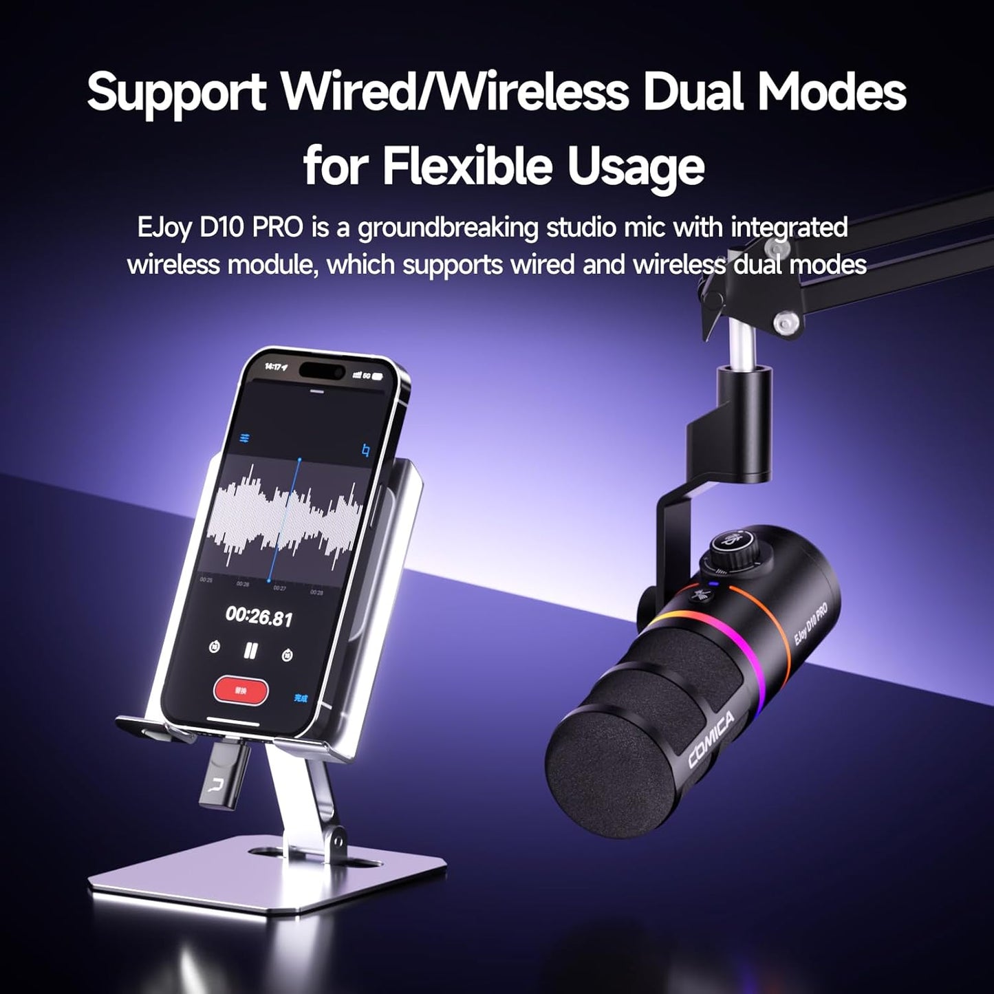 EJoy D10 PRO(A) USB Wireless Gaming Microphone – Boom Arm Mic with Wired/Wireless Modes, XLR/USB-C, Real-Time Monitoring, 45H Battery, RGB Dynamic Mic for Gaming, Streaming, Podcast, Recording (Black)