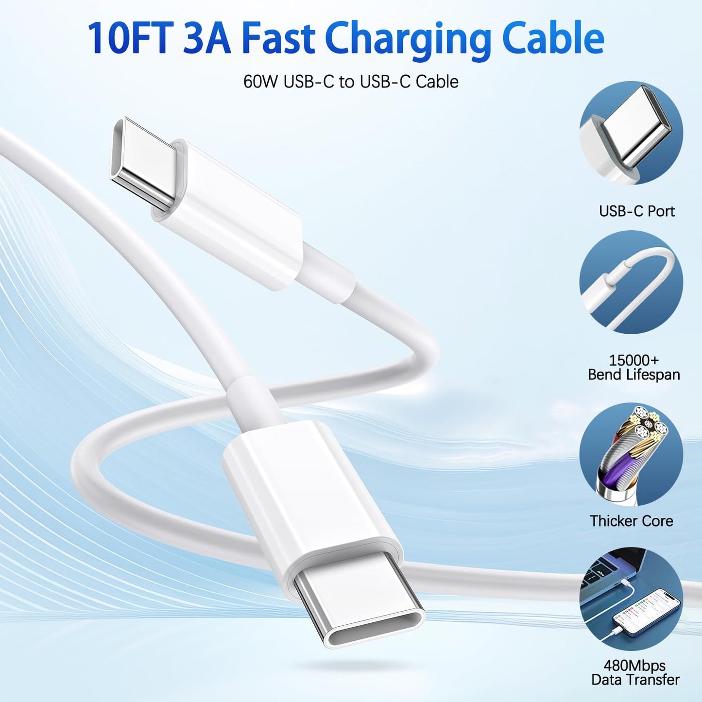 2Pack iPhone 16 15 Chargers,Dual Port Fast Wall Chargers Block with 10FT USB C to C Cable Cord Charger Fast Charging for iPhone 16e/16 Pro Max/16 Pro/16 Plus/15/15 Pro Max/15 Pro/15 Plus/iPad