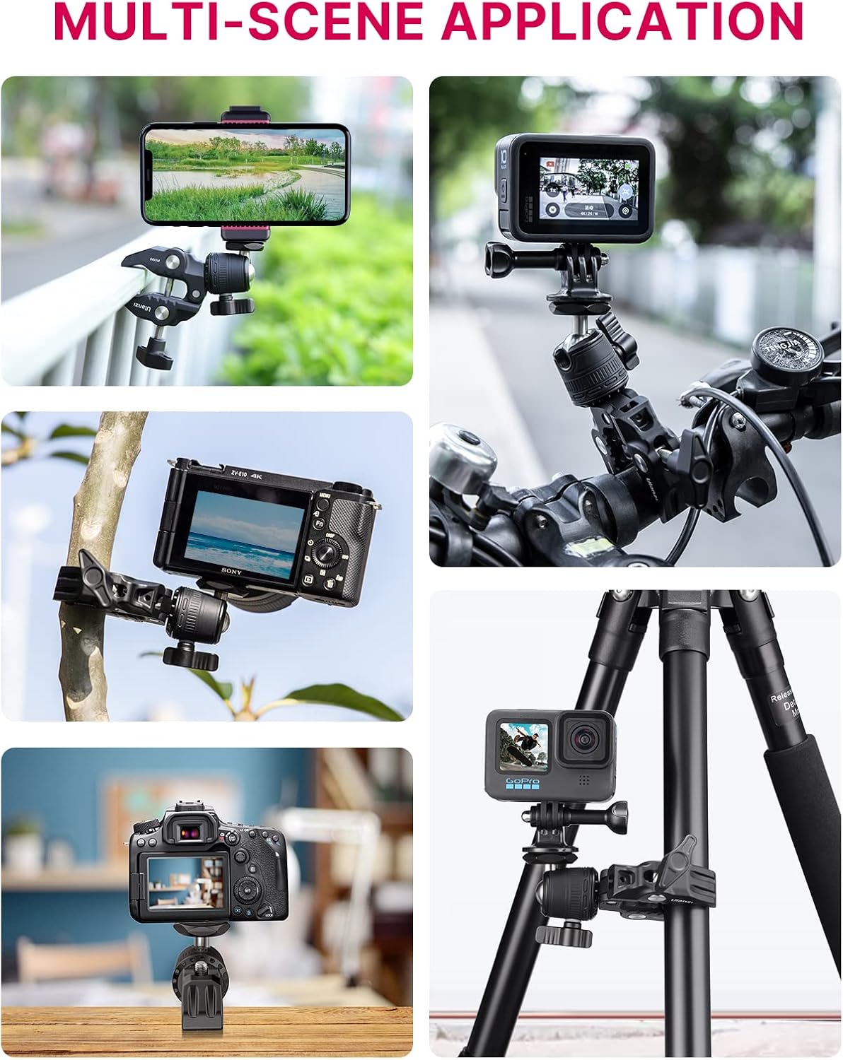 ULANZI R099 Super Clamp Camera Mount - Heavy Duty 3.3lb Load Metal Clamp with 360° Ball Head for Action Cameras (GoPro/Insta360/DJI), DSLR, Bike/Motorcycle Handlebar, Pole/Tube Mount Accessories