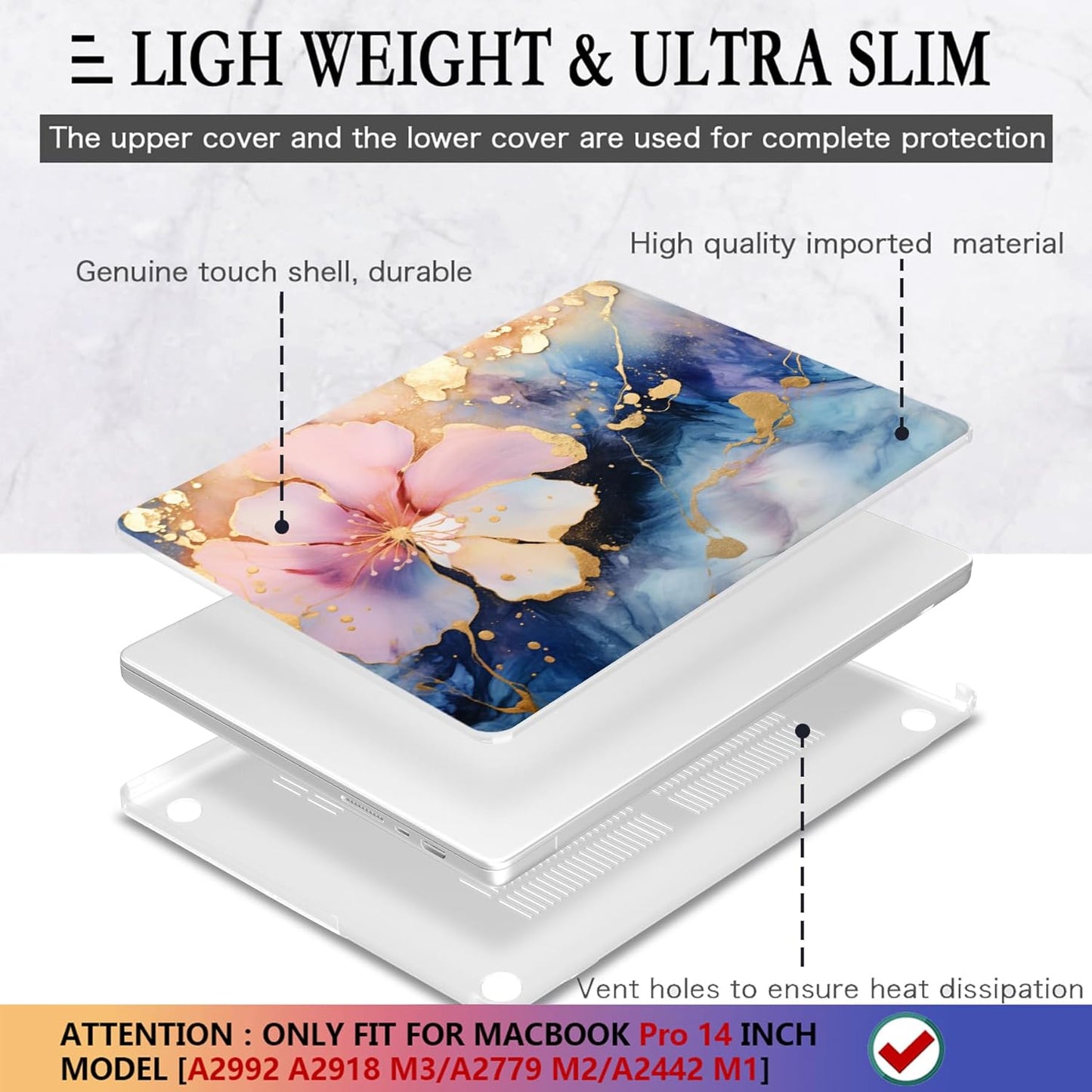 CISSOOK Plastic Hard Shell Compatible with MacBook Pro 14 inch Case 2024 2023 2022 2021 Release, M4 A3112 A3185 A3401 M3 A2918 A2992 M2 A2779 M1 A2442 Pro/Max Chip, Marble Flower