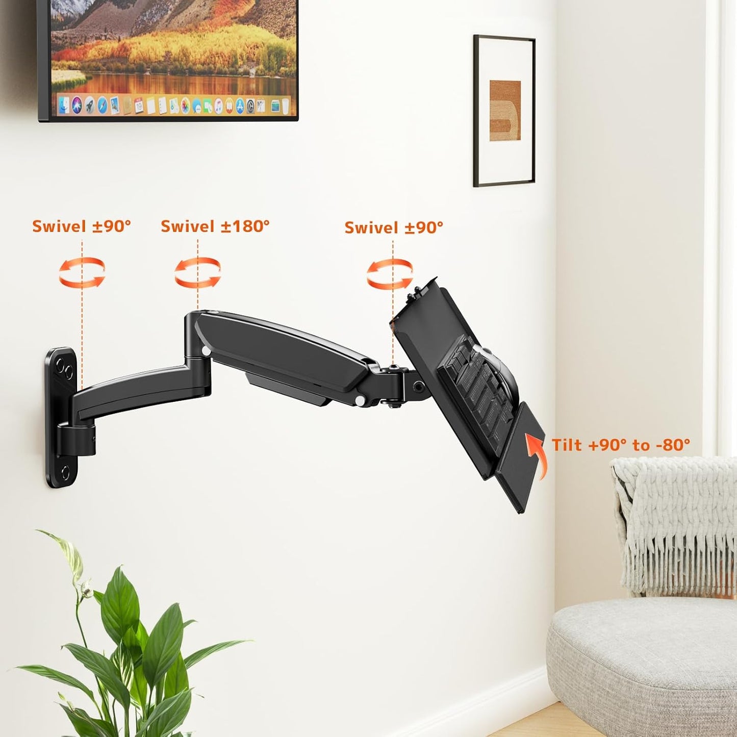 Keyboard Tray Wall Mount,Sit-Stand 26 Inch Keyboard and Mouse Stand,Height Adjustable Typing Platform,360 Degree Rotation, Holds up to 19.8 lbs, Black