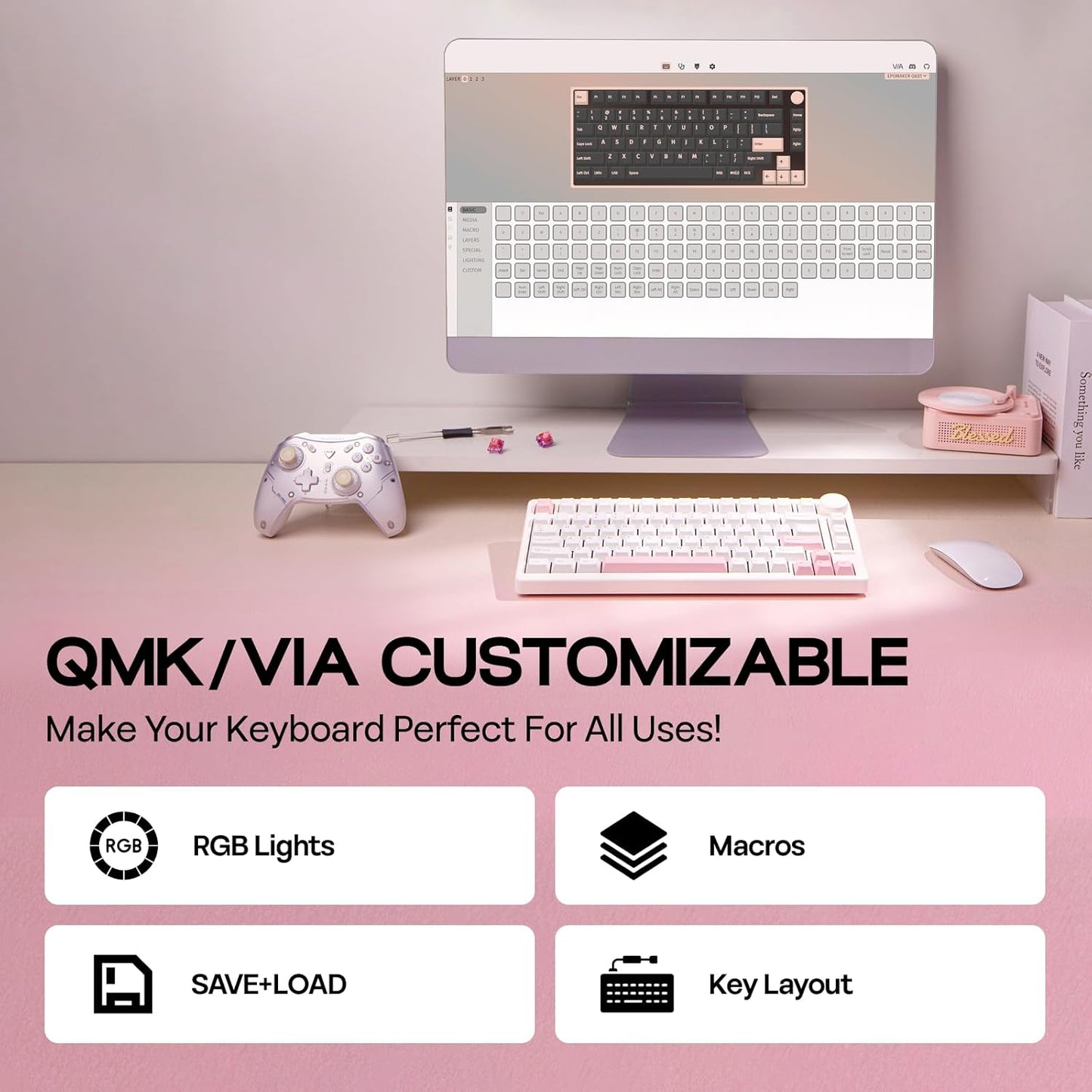 EPOMAKER QK81 75% Wireless Mechanical Gaming Keyboard, QMK/VIA Programmable and Hot-Swappable, 81 Keys with Metal Knob, 2.4Ghz/BT/USB, Creamy Gasket-Mount, RGB Backlight (White, Wisteria Switch)