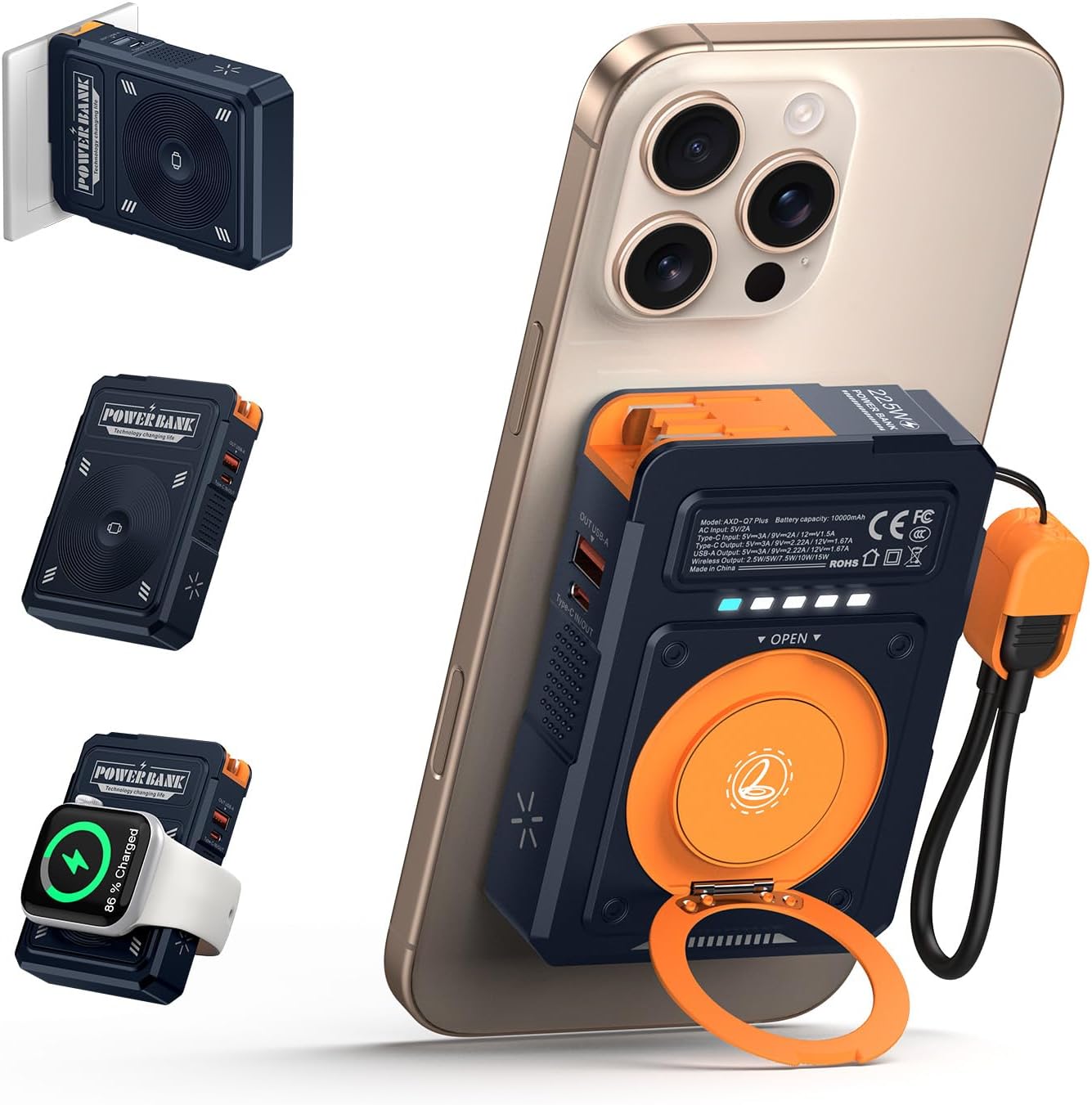 for Magsafe Battery Pack 10000mAh,5-in-1 Magnetic Power Bank Built in AC Plug,Magnetic Wireless Portable Charger for Apple Watch,22.5W Fast Charging Power Bank for iPhone 16 Pro Max/15/14/13/12 Mini