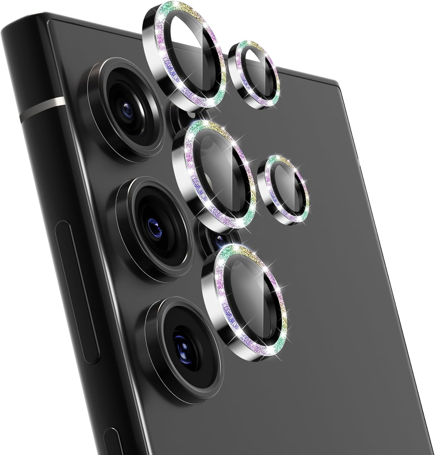 For Samsung Galaxy S24 Ultra Camera Lens Protector, Individual Lens Protector, Ultra HD 9H Tempered Glass Screen Protective Cover, Anti-scratch, Military Grade Drop Protection 2 Set. (Glitter Colorful, S24 Ultra)