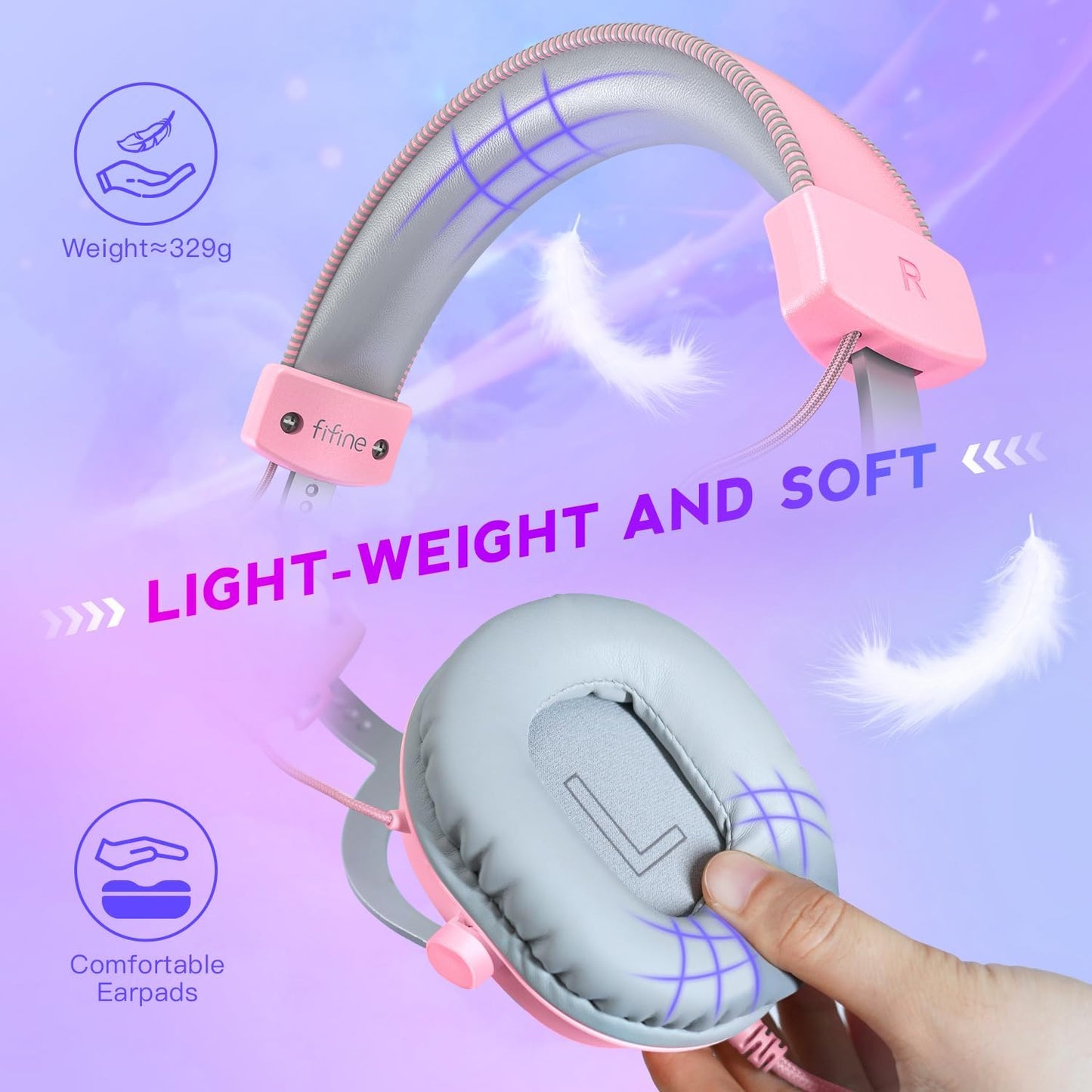 FIFINE USB Gaming Headset, PC Over-Ear Wired Streaming Headset with 3.5mm Jack, Detachable Microphone, 7.1 Surround Sound, Control Box, Passive Noise Cancellation, for PS5/Xbox/Switch-H9 Pink