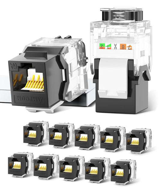 AMPCOM CAT6A UTP RJ45 Keystone Jack 50u Gold Plating Reusable Ethernet Wall Jack with Adjustable Ratchet Lock (No Tool and Zip Tie Required) - Black (12-Pack)