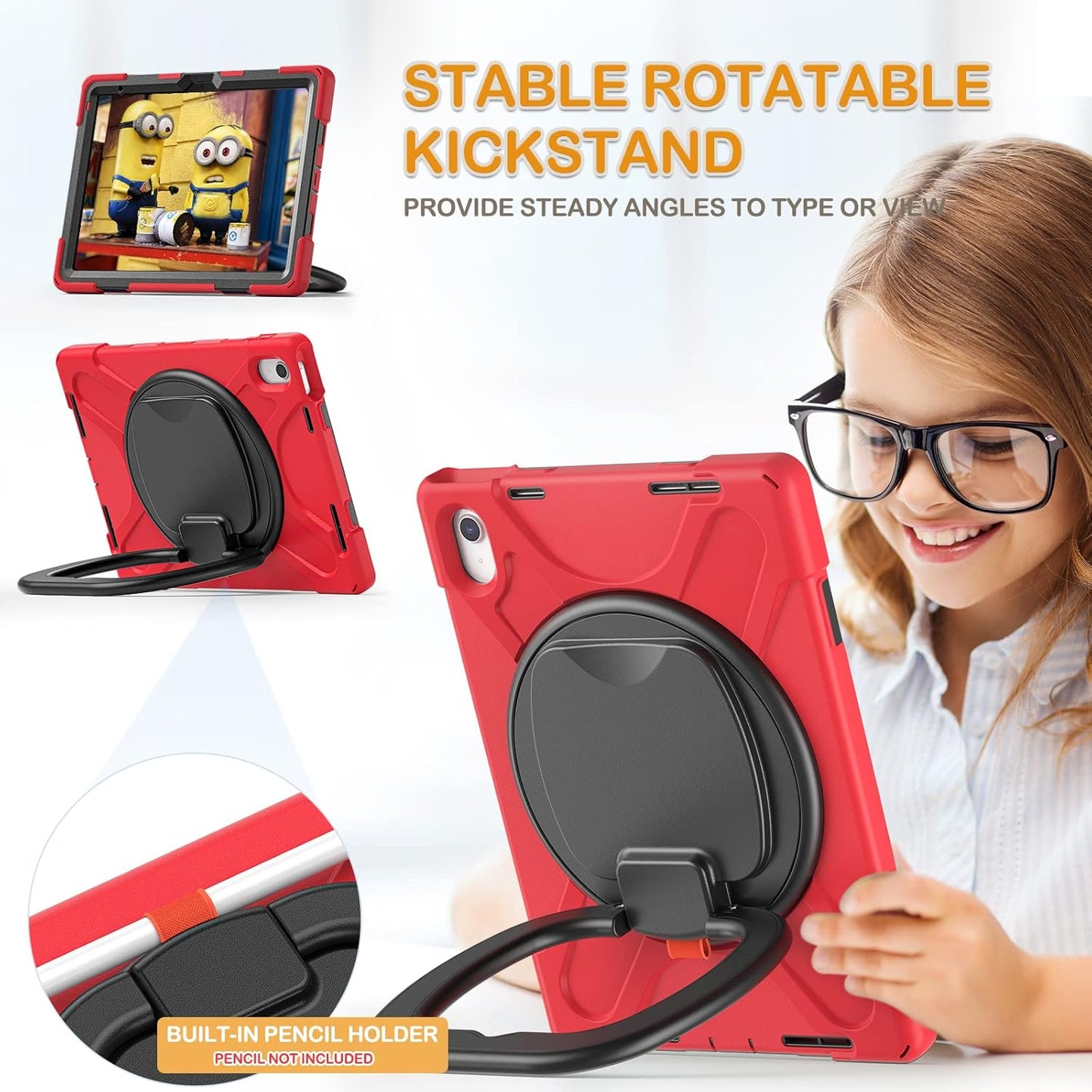 BRAECN Kids Case for iPad (A16) 11th/10th Generation 11”/10.9'' 2025/2022, Heavy Duty Rugged Silicone Cover w/Swivel Ring Stand/Stable Kickstand/Shoulder Strap/Pencil Holder/Screen Protector, Red