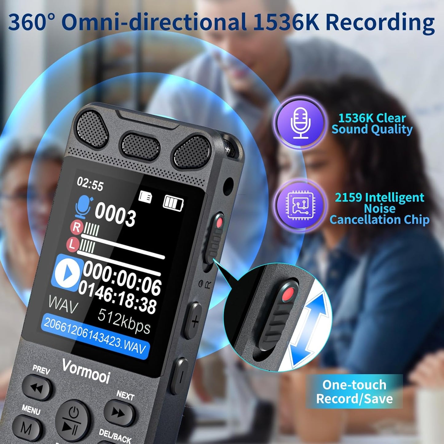 160GB Digital Voice Recorder with Playback - 110 Hours Ultra-Long Continuous Recording, Vormooi 1536Kbps Voice Activated Audio Recorder with External Microphone for Lecture Interview Meeting