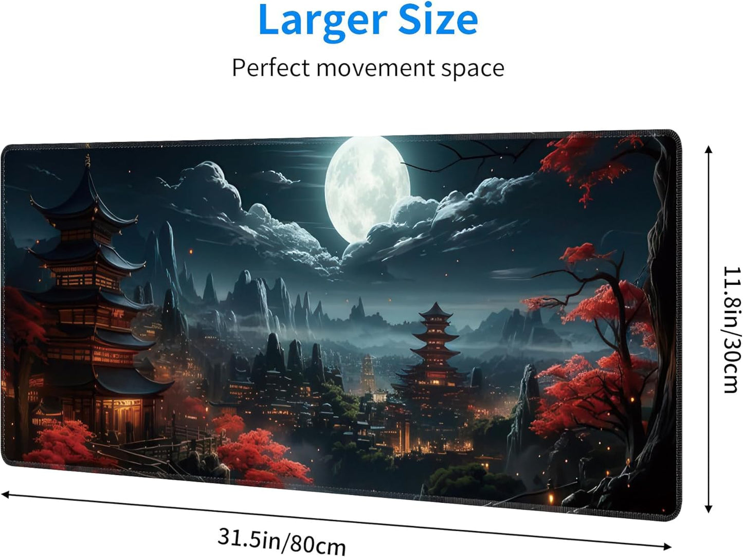Japanese Full Moon Large Mouse Pad,Gaming Keyboard Desk Pad,Extended Mouse Mat Non-Slip Rubber Base with Stitched Edges for Office Game Home XL 31.5"x11.8"